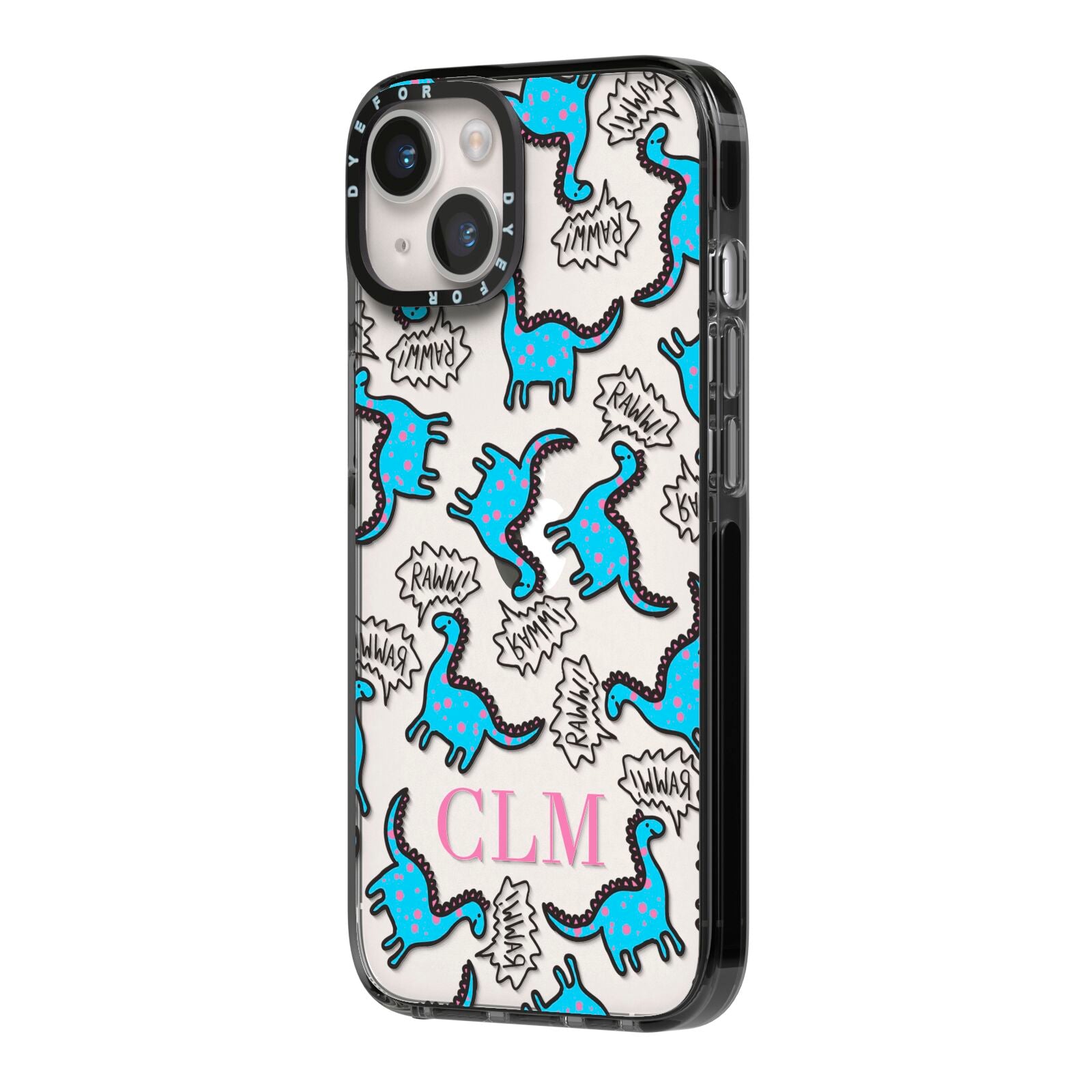 Personalised Dino Initials Clear iPhone 14 Black Impact Case Side Angle on Silver phone