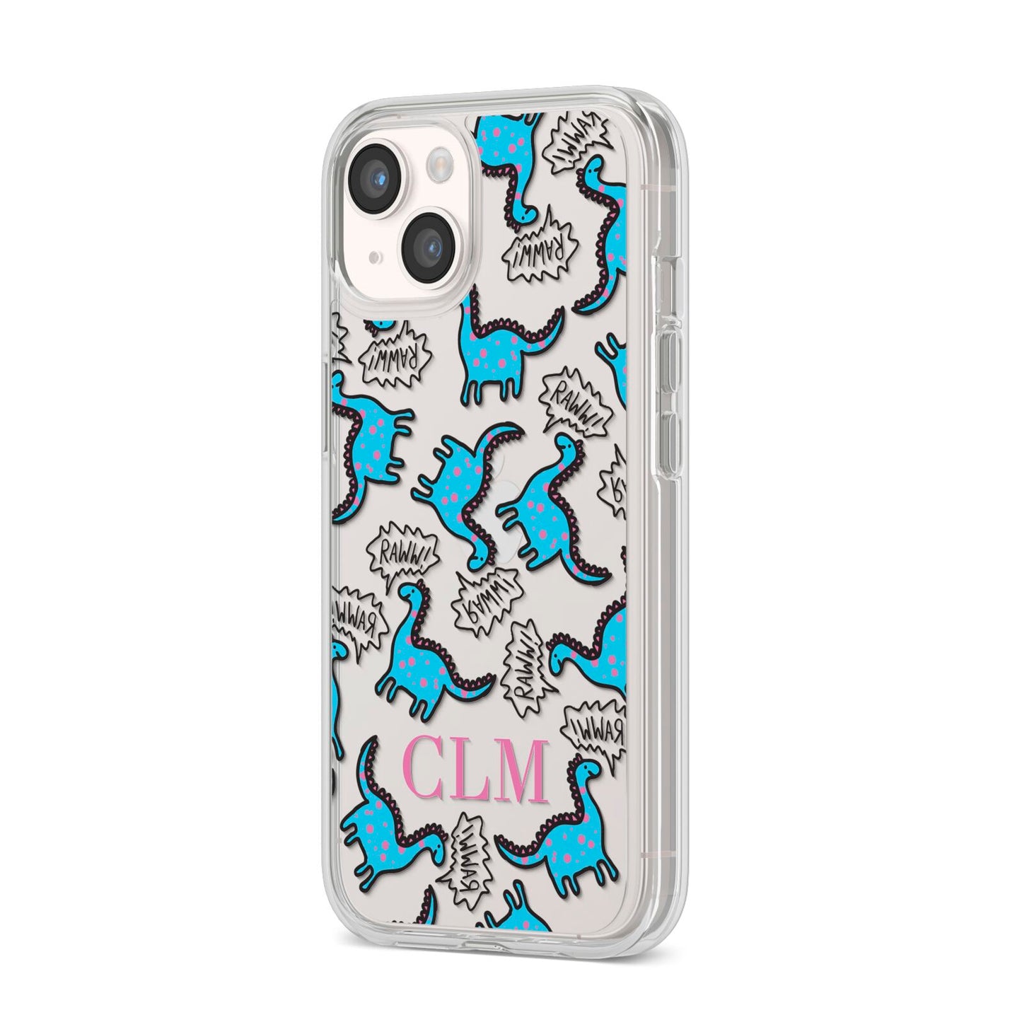 Personalised Dino Initials Clear iPhone 14 Clear Tough Case Starlight Angled Image