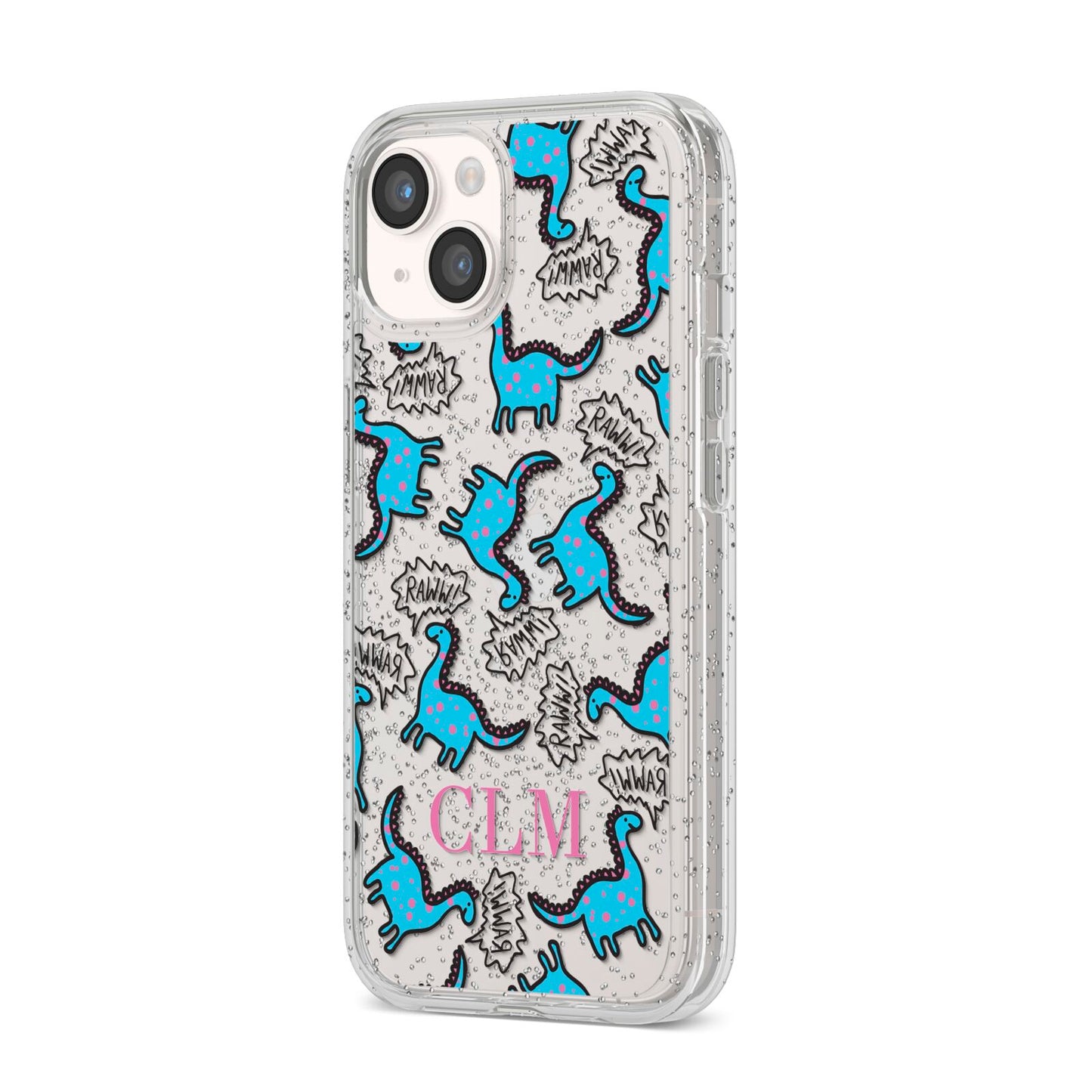 Personalised Dino Initials Clear iPhone 14 Glitter Tough Case Starlight Angled Image