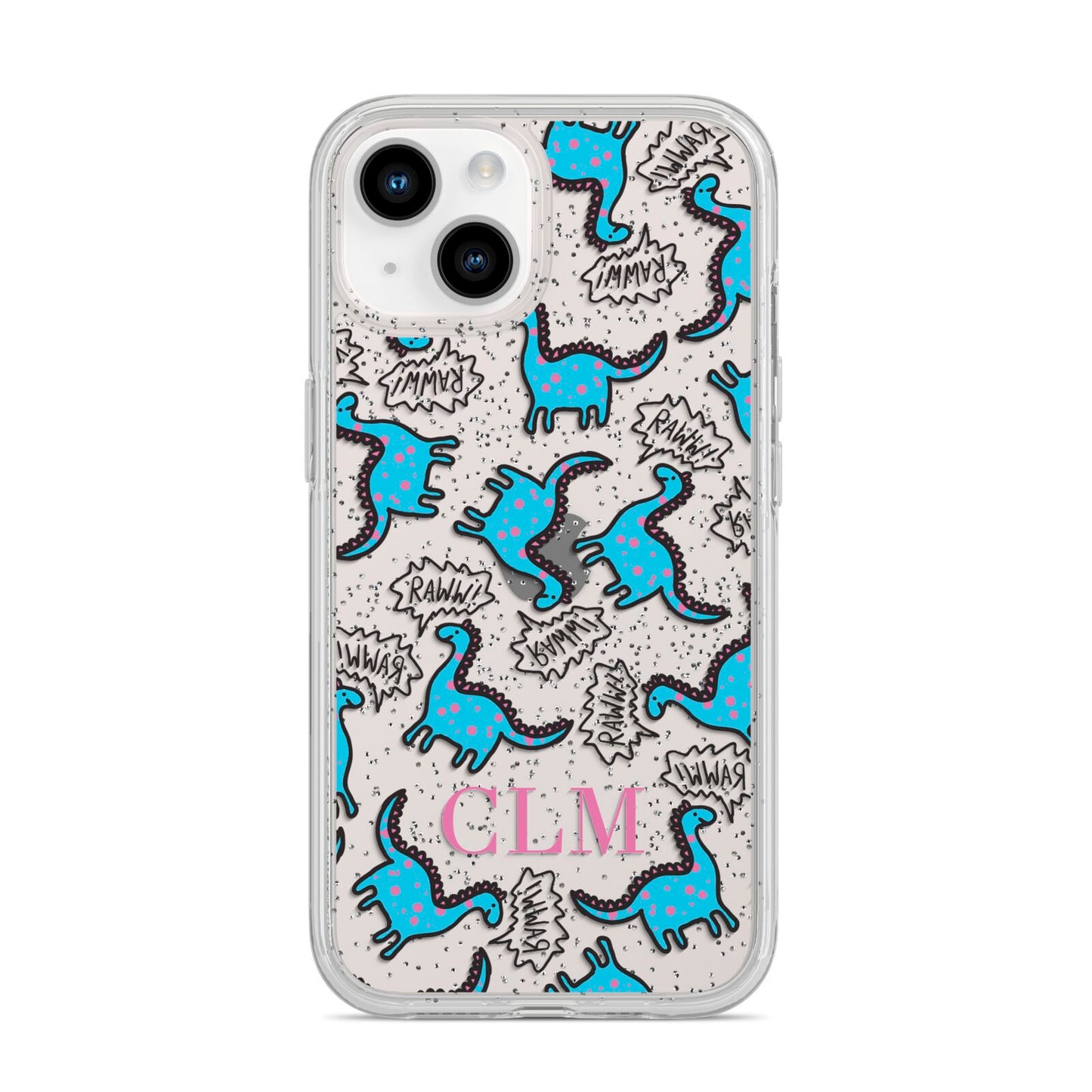 Personalised Dino Initials Clear iPhone 14 Glitter Tough Case Starlight