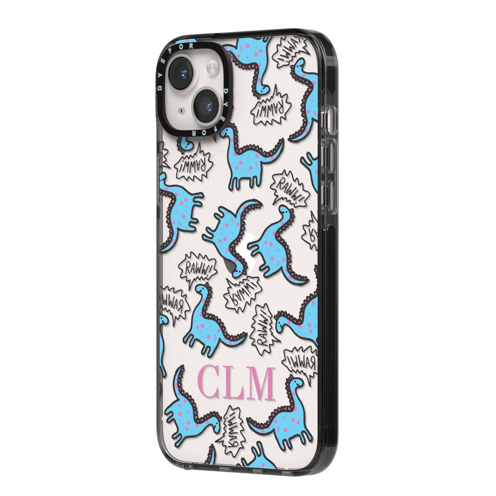 Personalised Dino Initials Clear iPhone 14 Plus Black Impact Case Side Angle on Silver phone