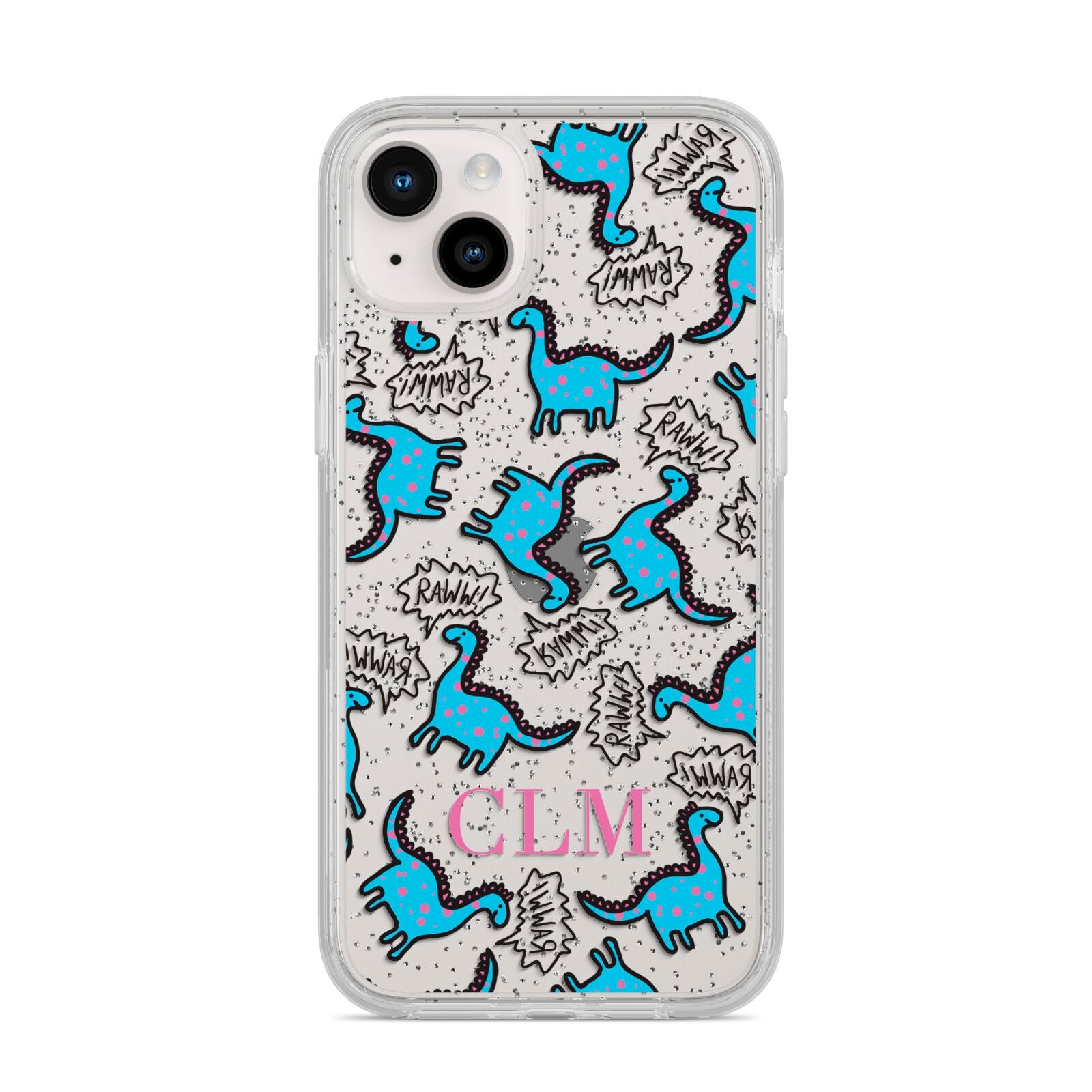 Personalised Dino Initials Clear iPhone 14 Plus Glitter Tough Case Starlight