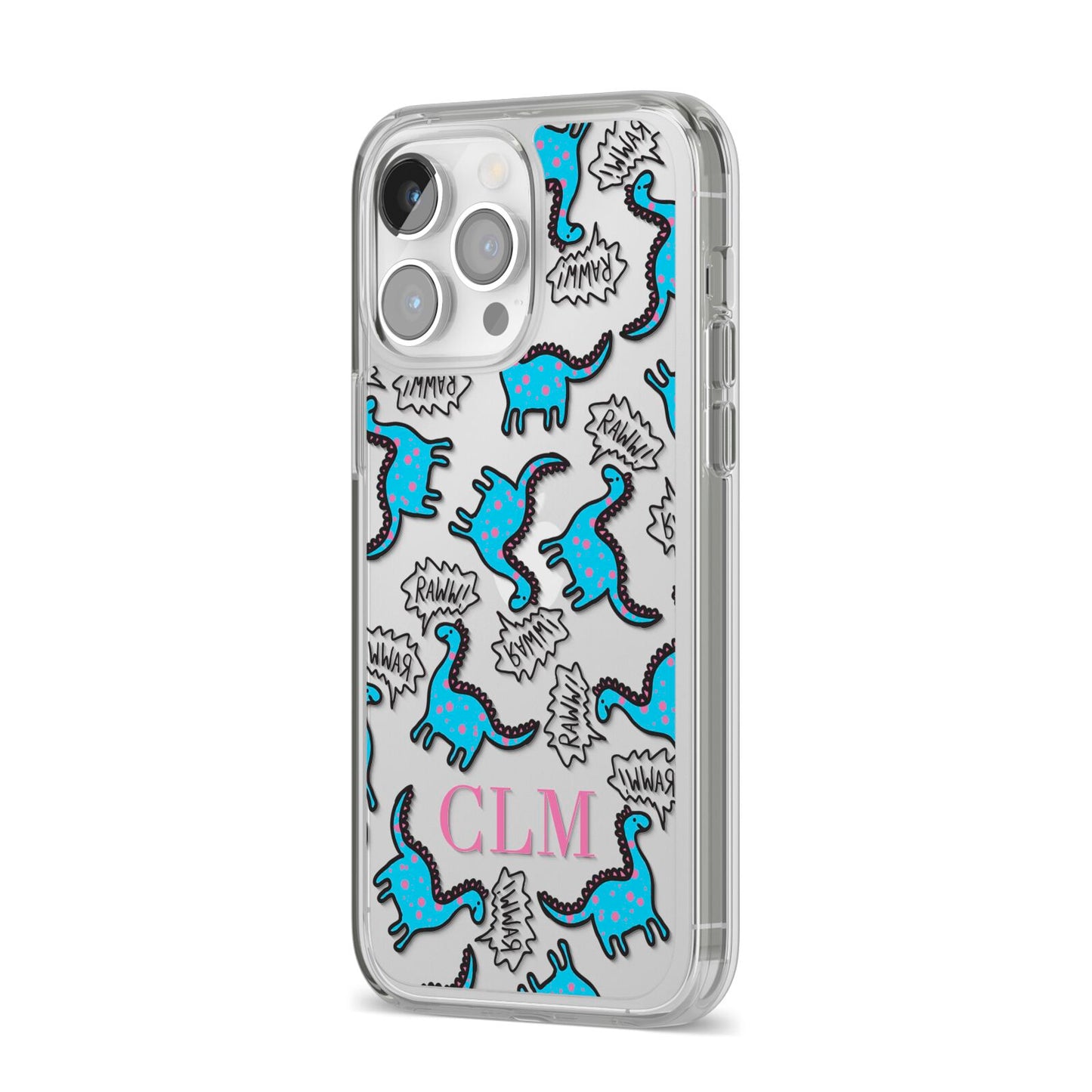 Personalised Dino Initials Clear iPhone 14 Pro Max Clear Tough Case Silver Angled Image