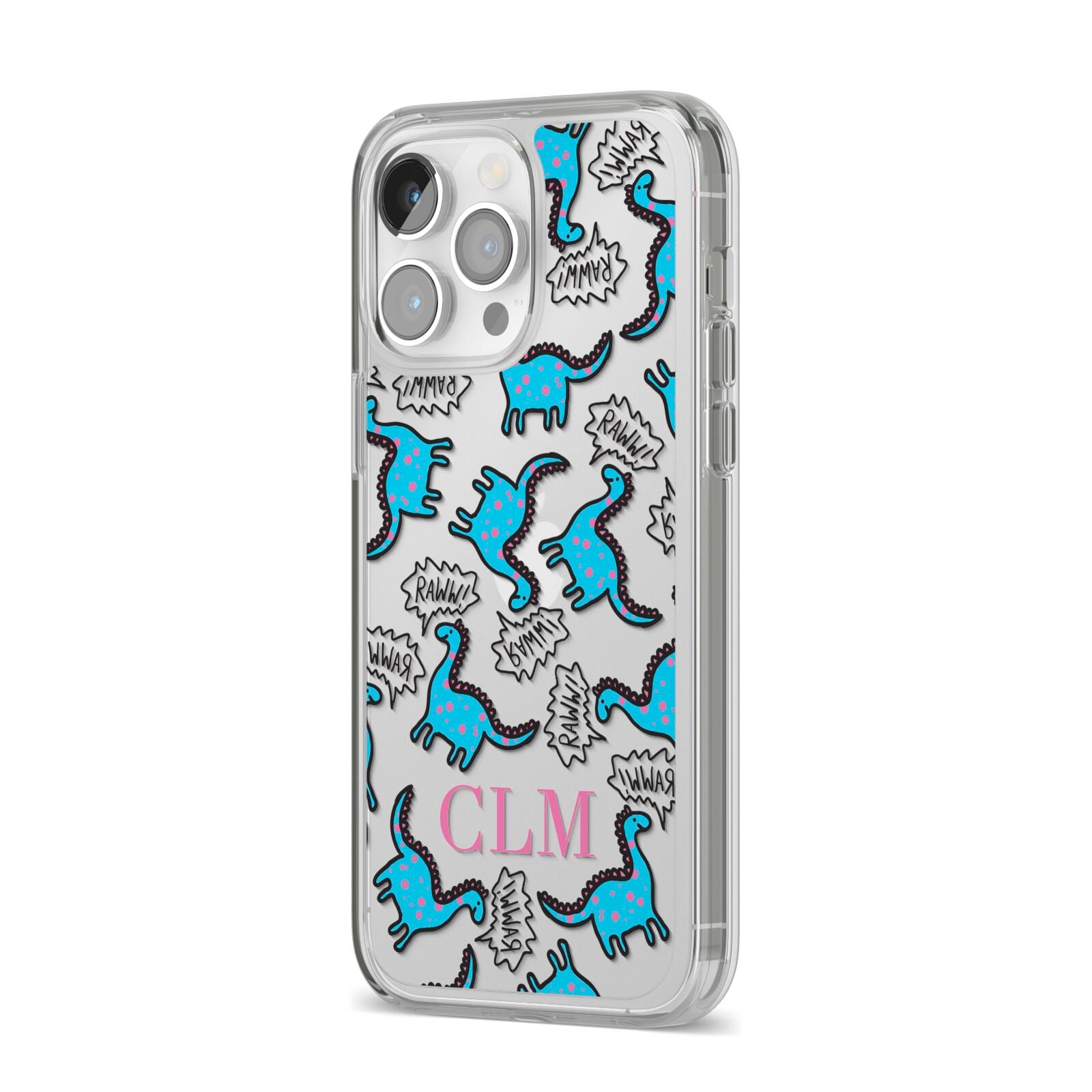 Personalised Dino Initials Clear iPhone 14 Pro Max Clear Tough Case Silver Angled Image