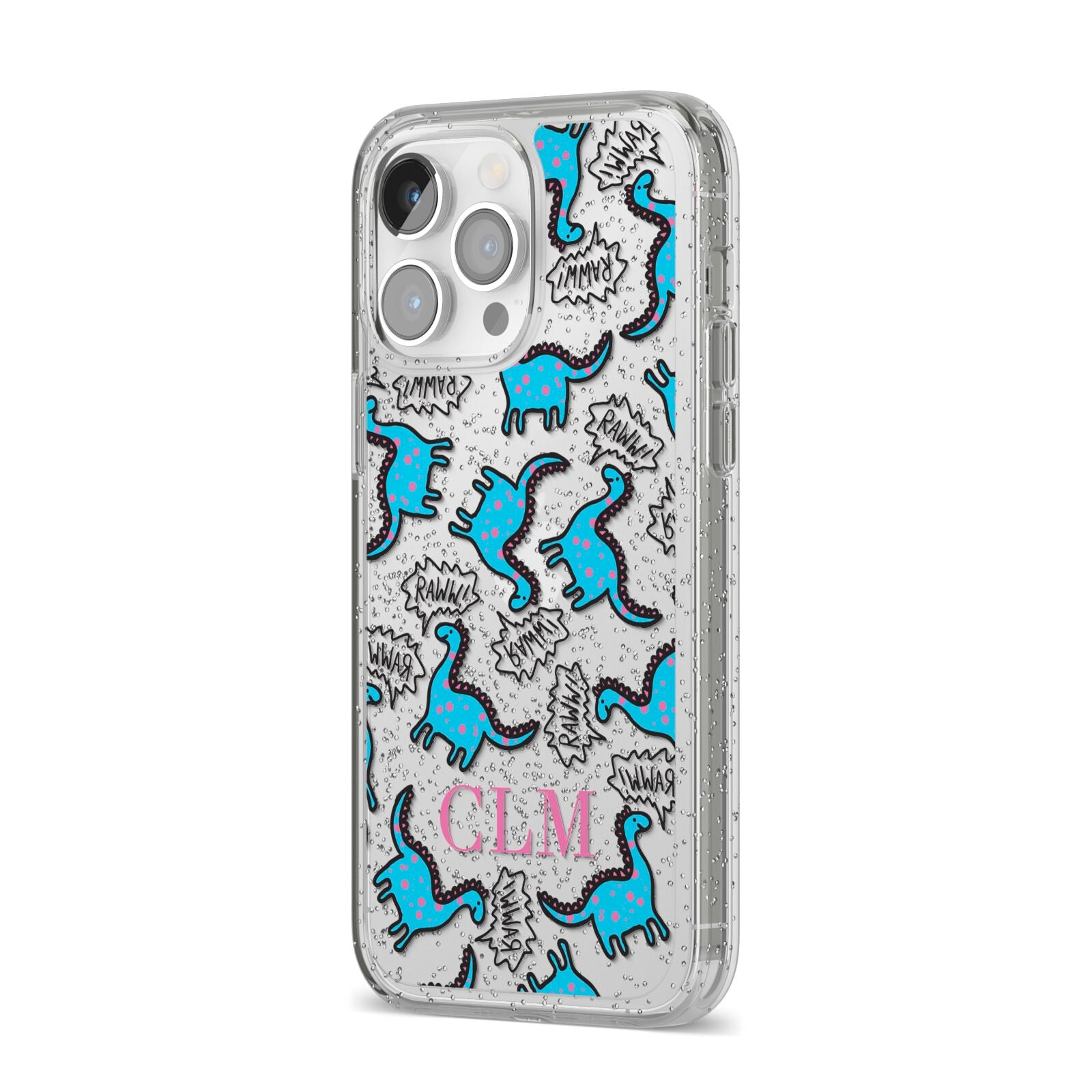 Personalised Dino Initials Clear iPhone 14 Pro Max Glitter Tough Case Silver Angled Image