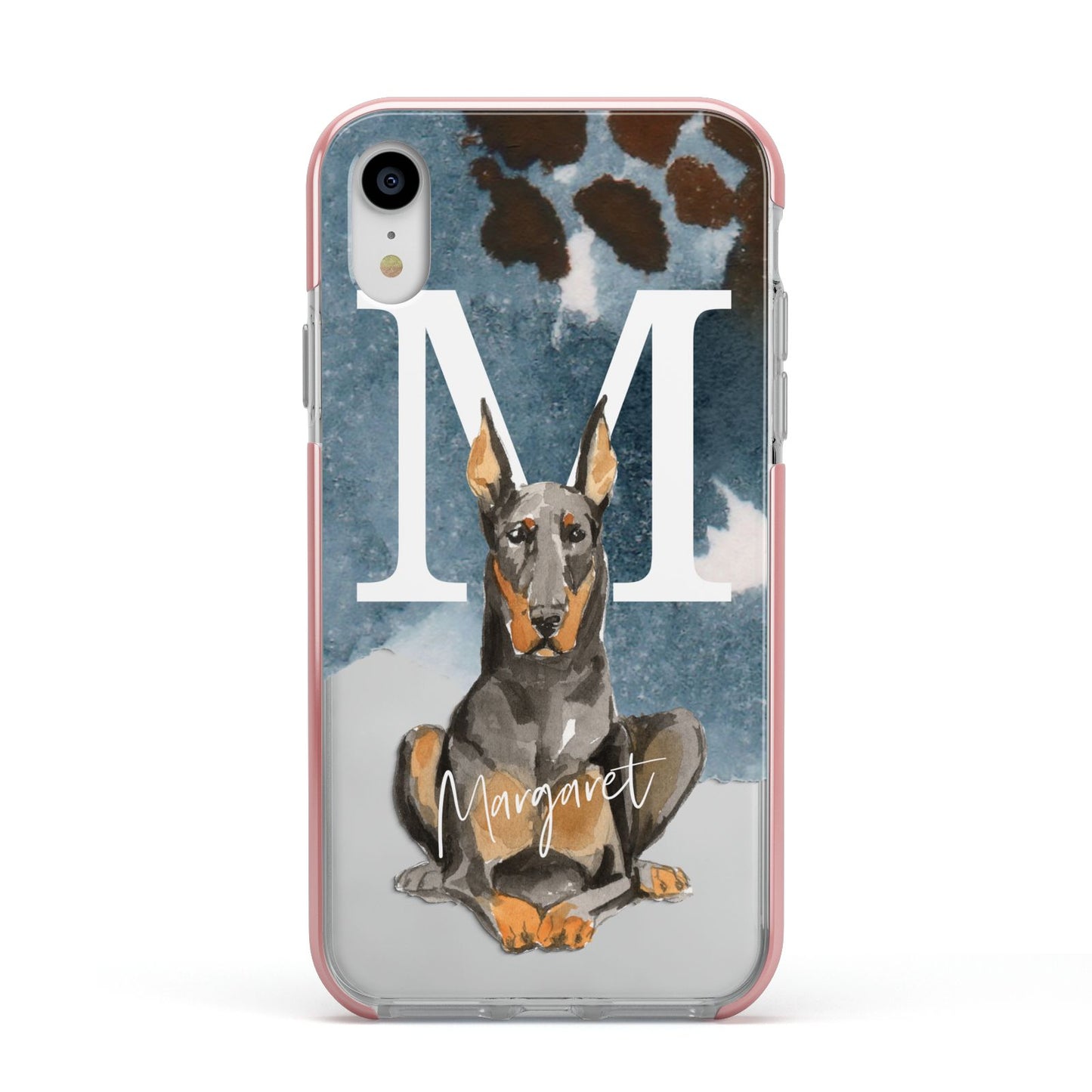 Personalised Doberman Dog Apple iPhone XR Impact Case Pink Edge on Silver Phone