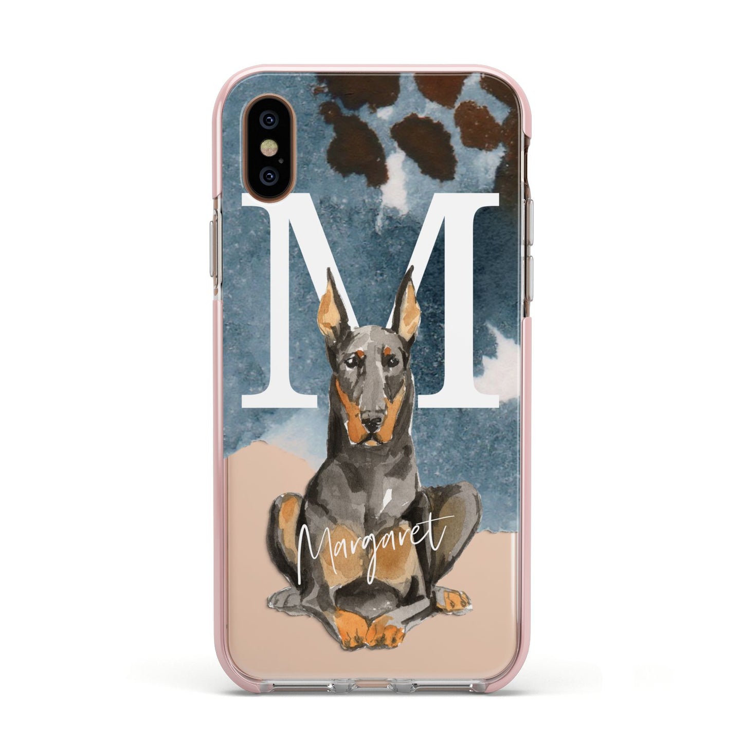 Personalised Doberman Dog Apple iPhone Xs Impact Case Pink Edge on Gold Phone