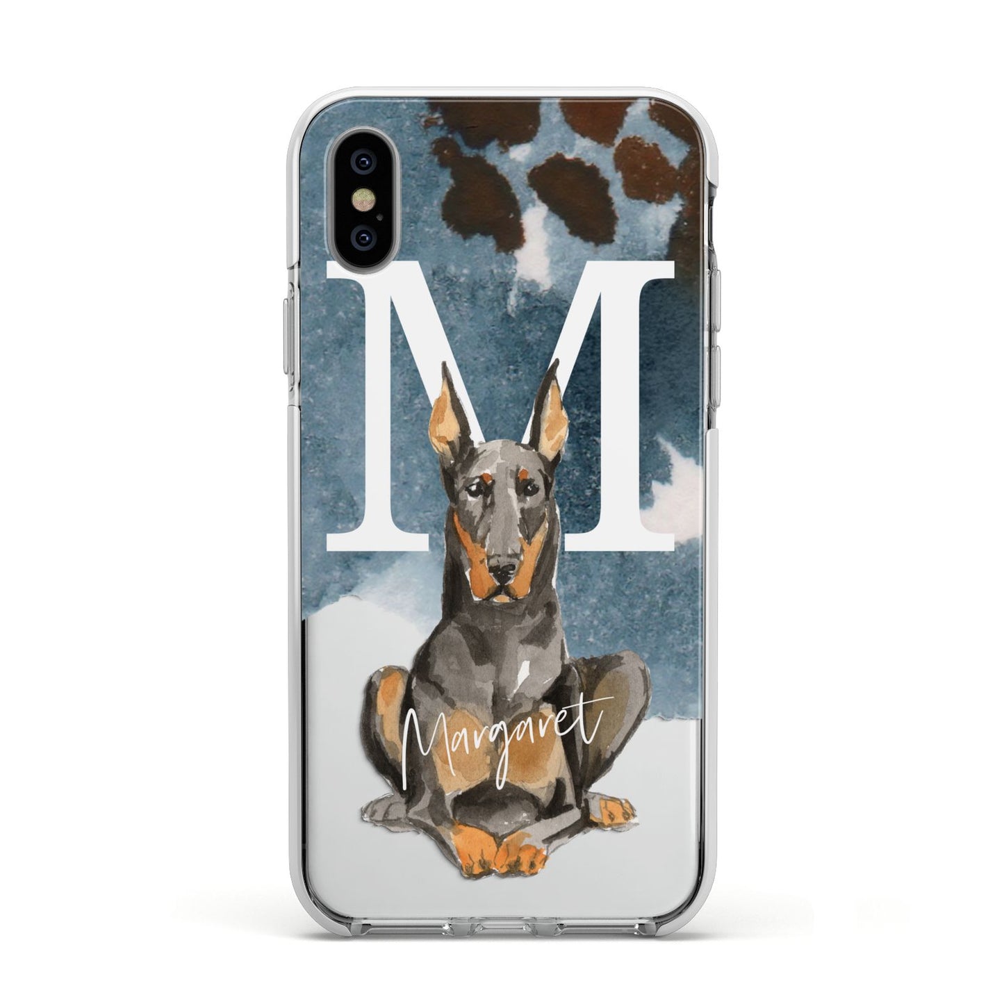 Personalised Doberman Dog Apple iPhone Xs Impact Case White Edge on Silver Phone