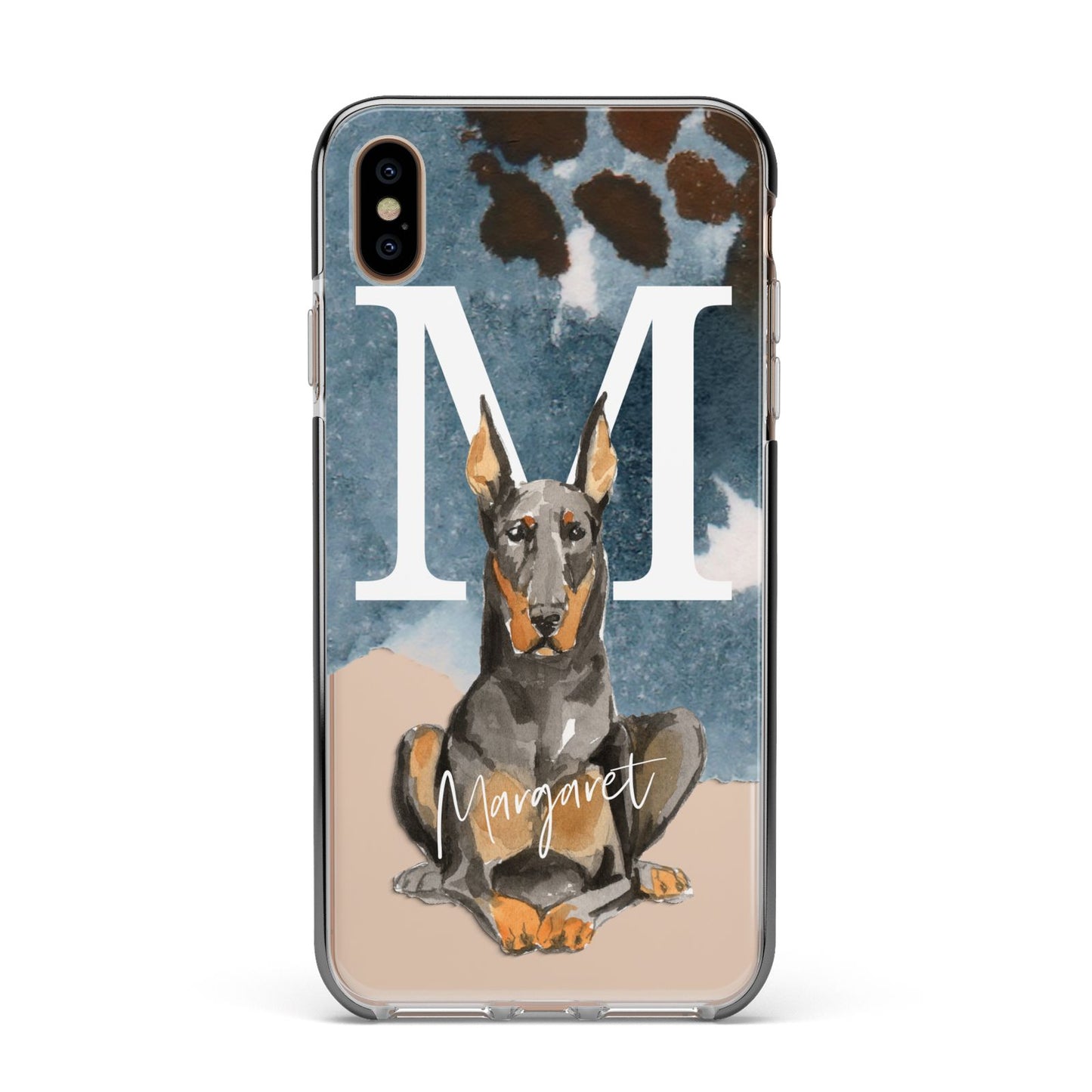 Personalised Doberman Dog Apple iPhone Xs Max Impact Case Black Edge on Gold Phone