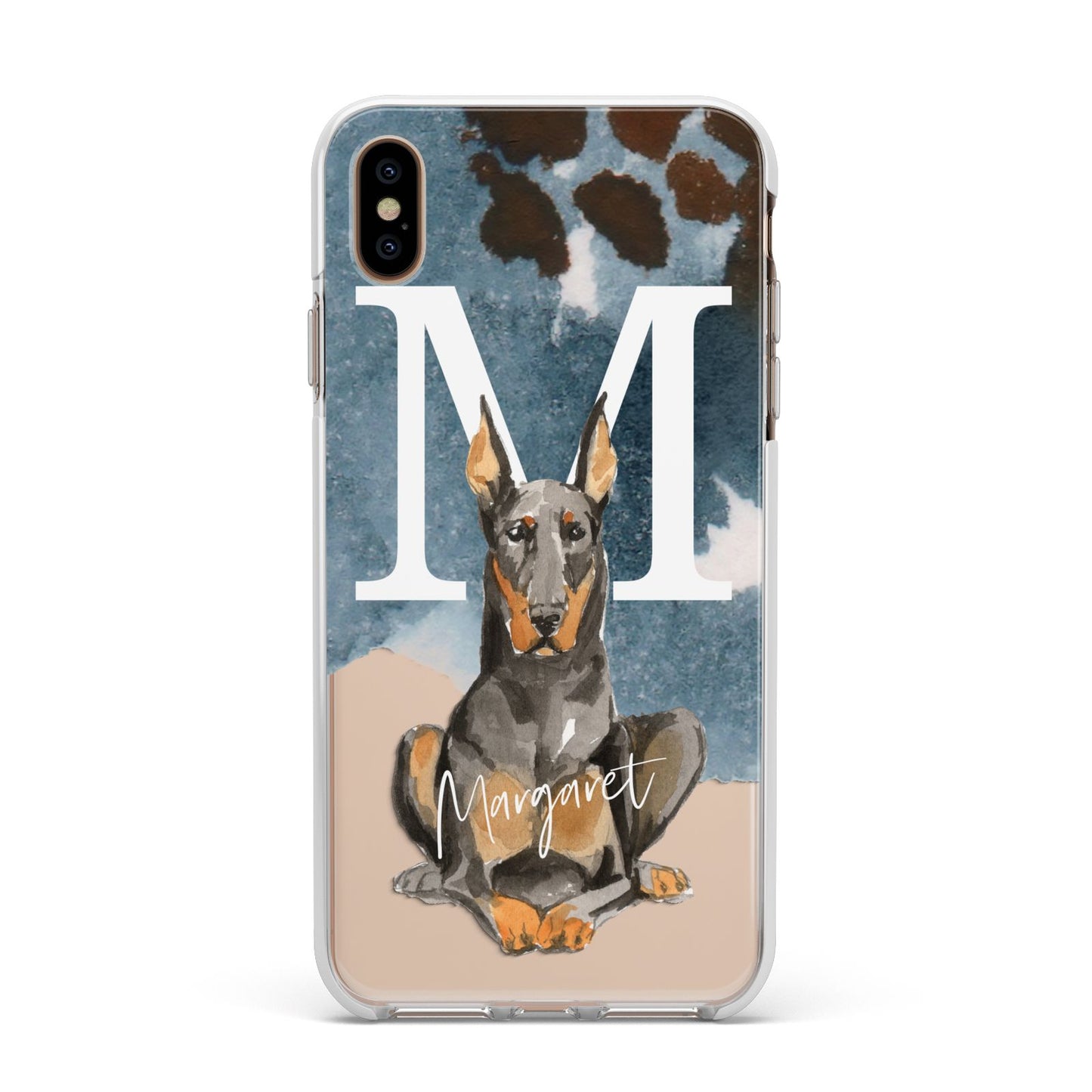 Personalised Doberman Dog Apple iPhone Xs Max Impact Case White Edge on Gold Phone