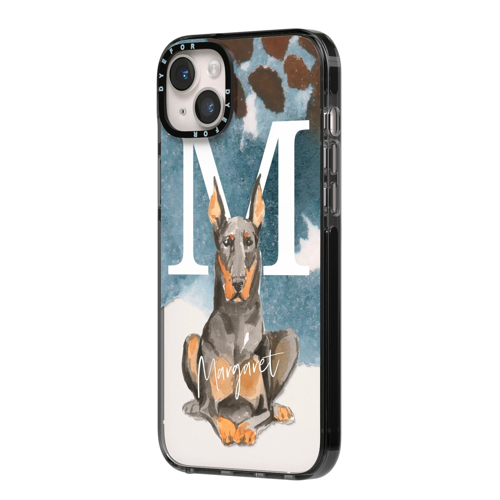 Personalised Doberman Dog iPhone 14 Plus Black Impact Case Side Angle on Silver phone