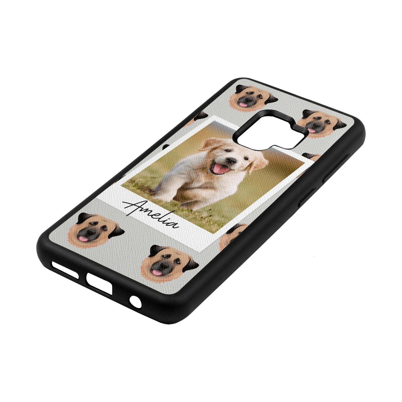 Personalised Dog Photo Silver Saffiano Leather Samsung S9 Case Side Angle