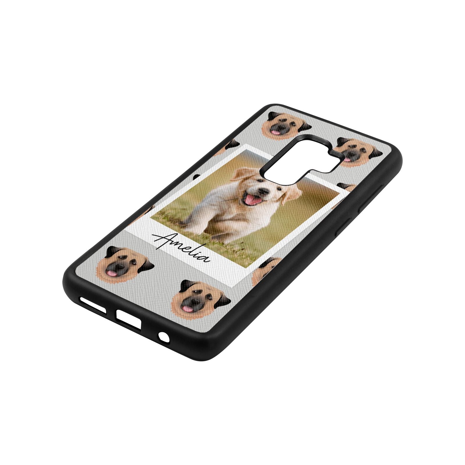 Personalised Dog Photo Silver Saffiano Leather Samsung S9 Plus Case Side Angle