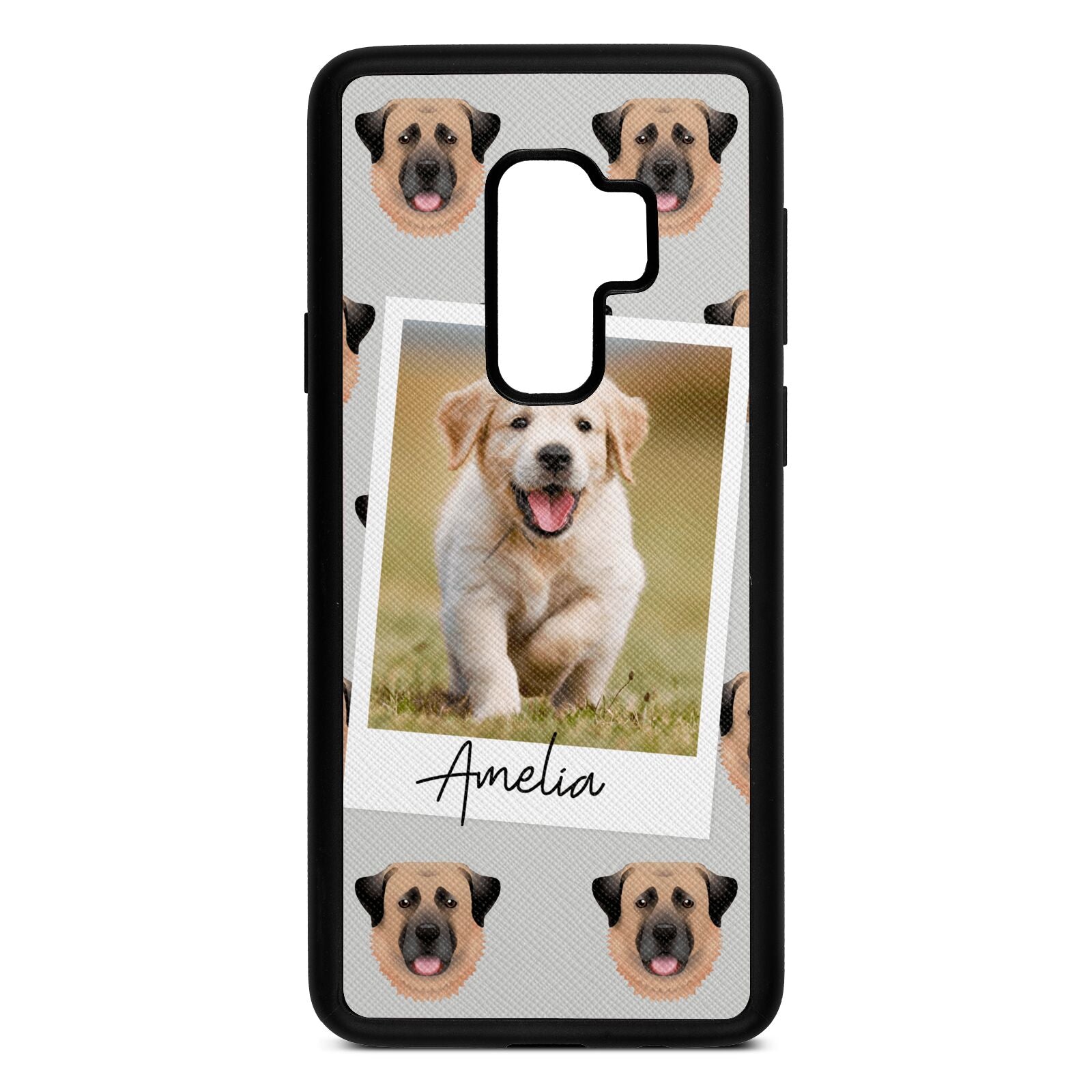 Personalised Dog Photo Silver Saffiano Leather Samsung S9 Plus Case