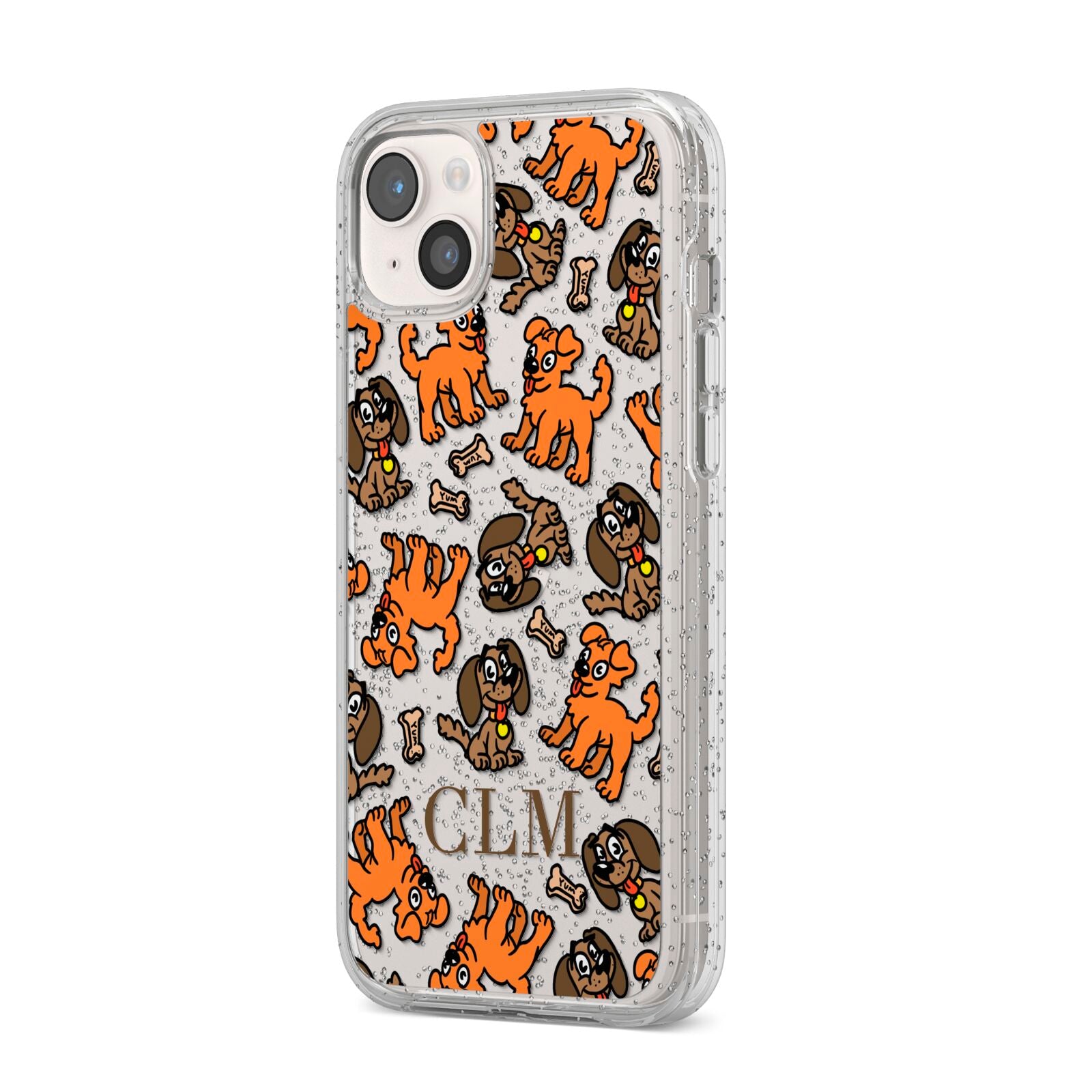 Personalised Dogs Initials Clear iPhone 14 Plus Glitter Tough Case Starlight Angled Image