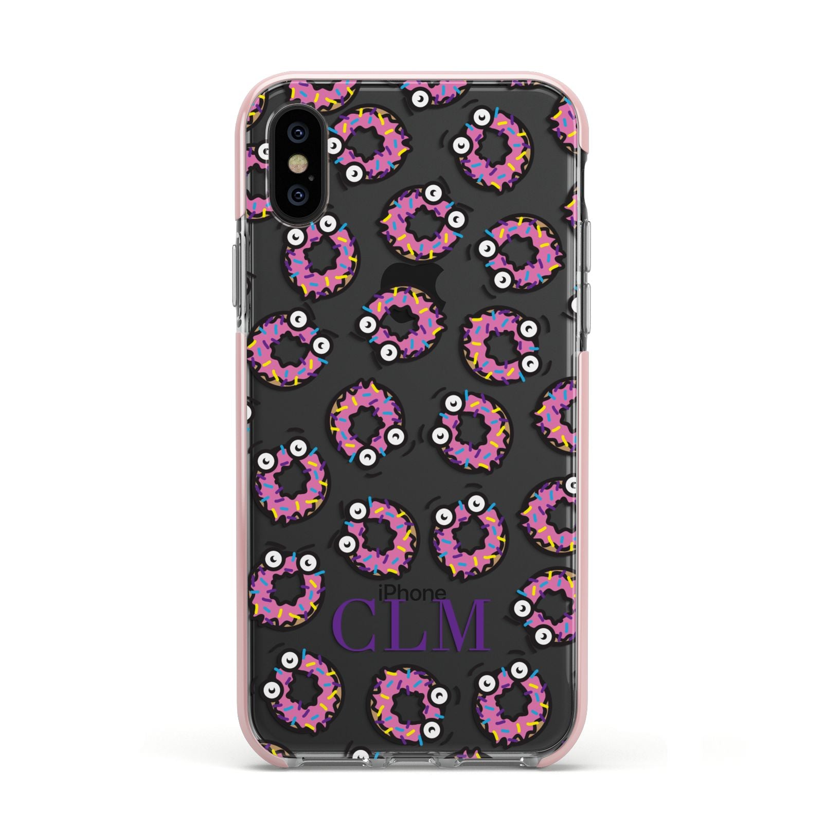 Personalised Donut Initials Apple iPhone Xs Impact Case Pink Edge on Black Phone