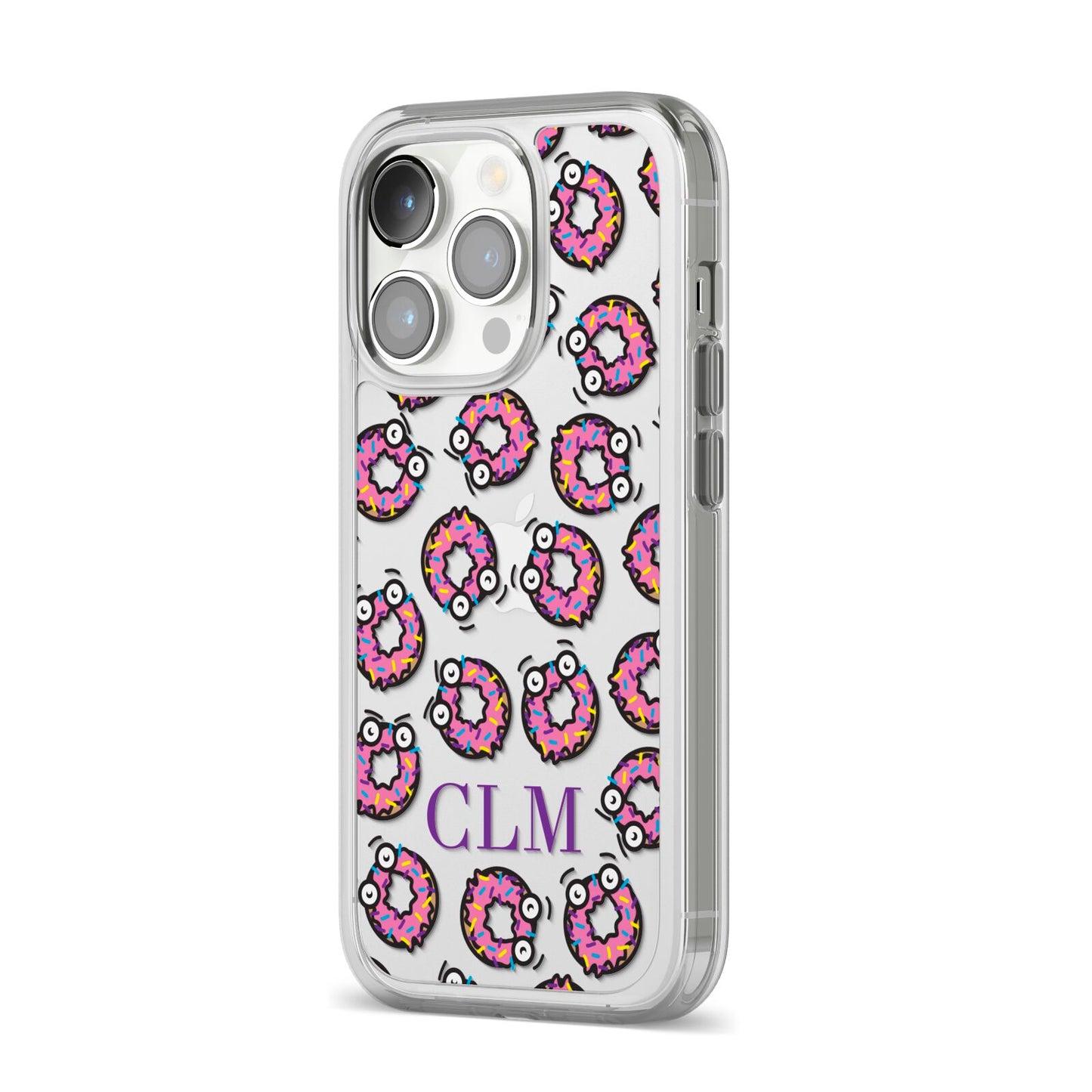 Personalised Donut Initials iPhone 14 Pro Clear Tough Case Silver Angled Image