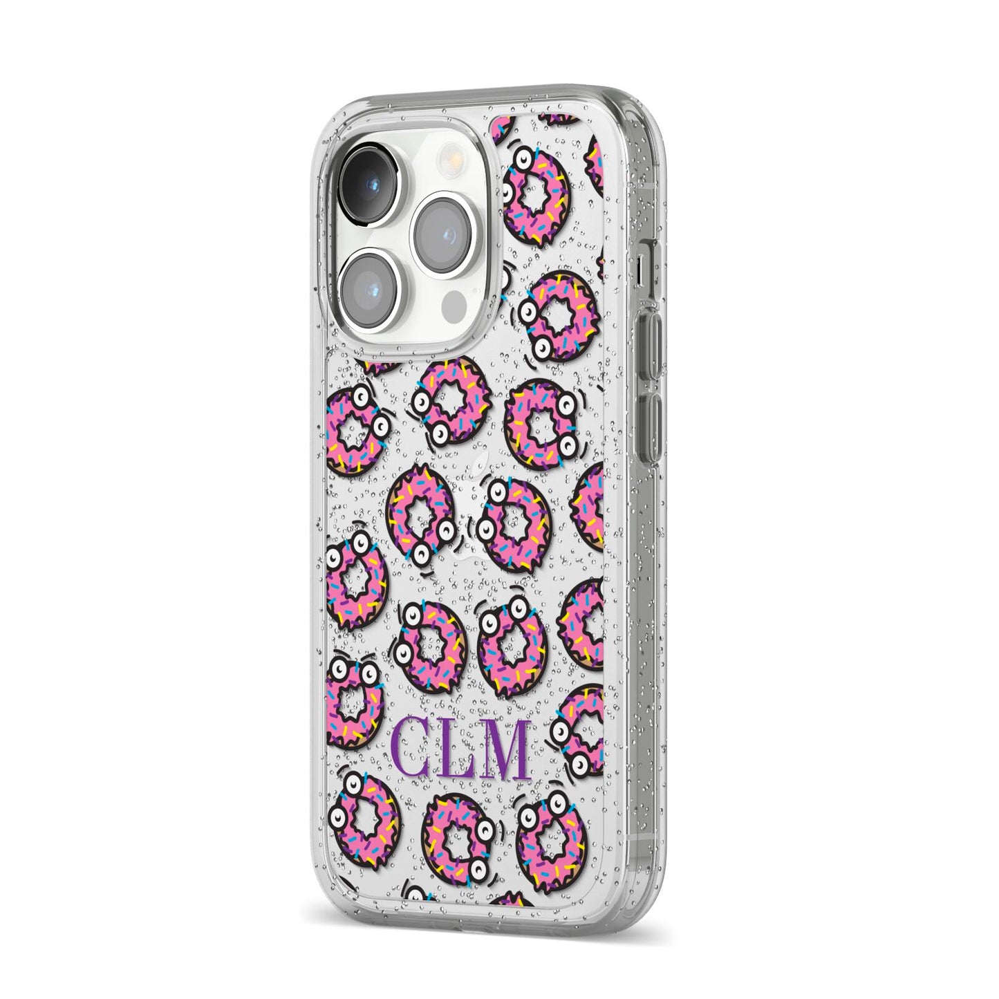 Personalised Donut Initials iPhone 14 Pro Glitter Tough Case Silver Angled Image