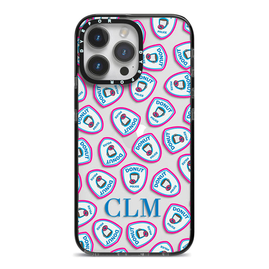 Personalised Donut Police Initials iPhone 14 Pro Max Black Impact Case on Silver phone