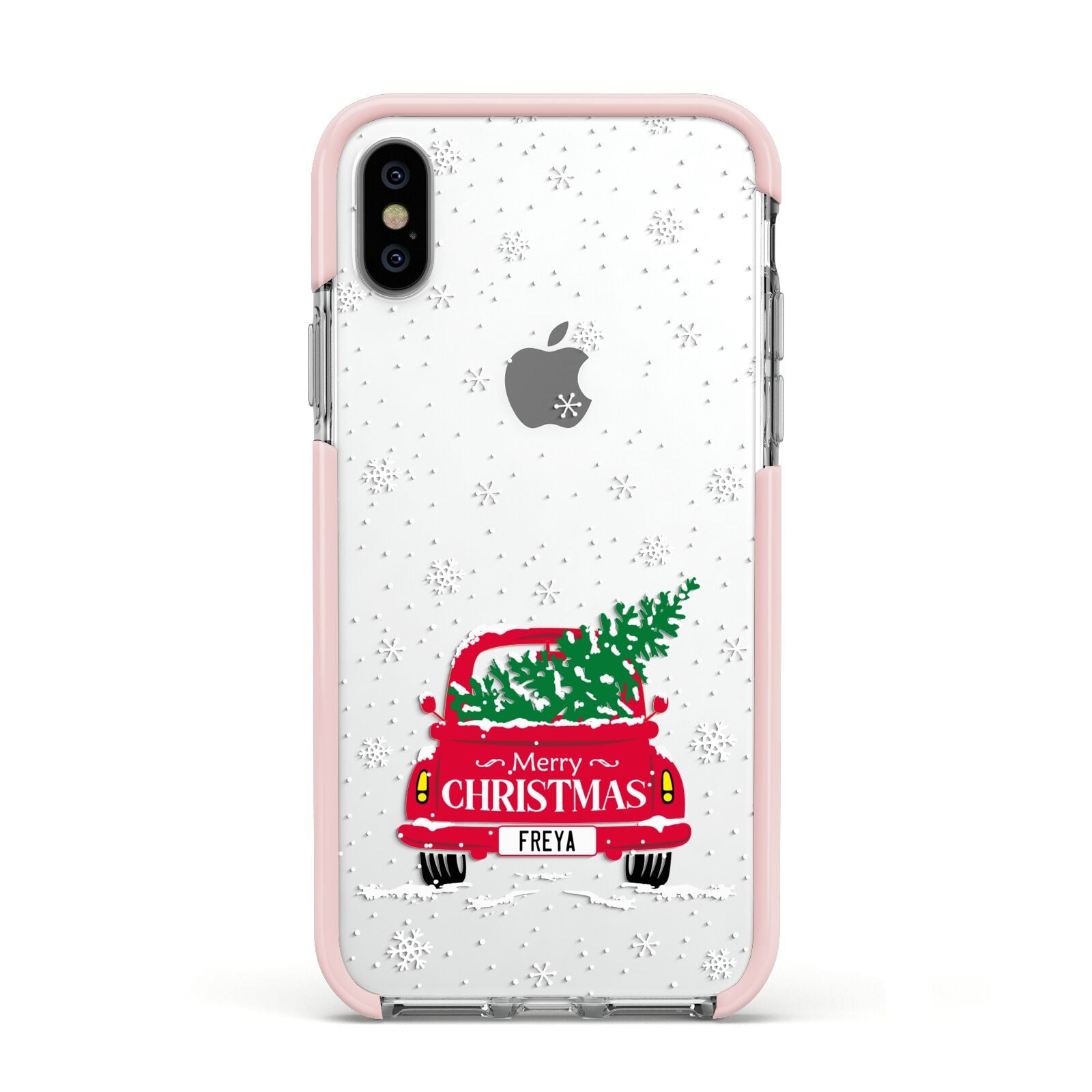 Personalised Driving Home For Christmas Apple iPhone Xs Impact Case Pink Edge on Silver Phone