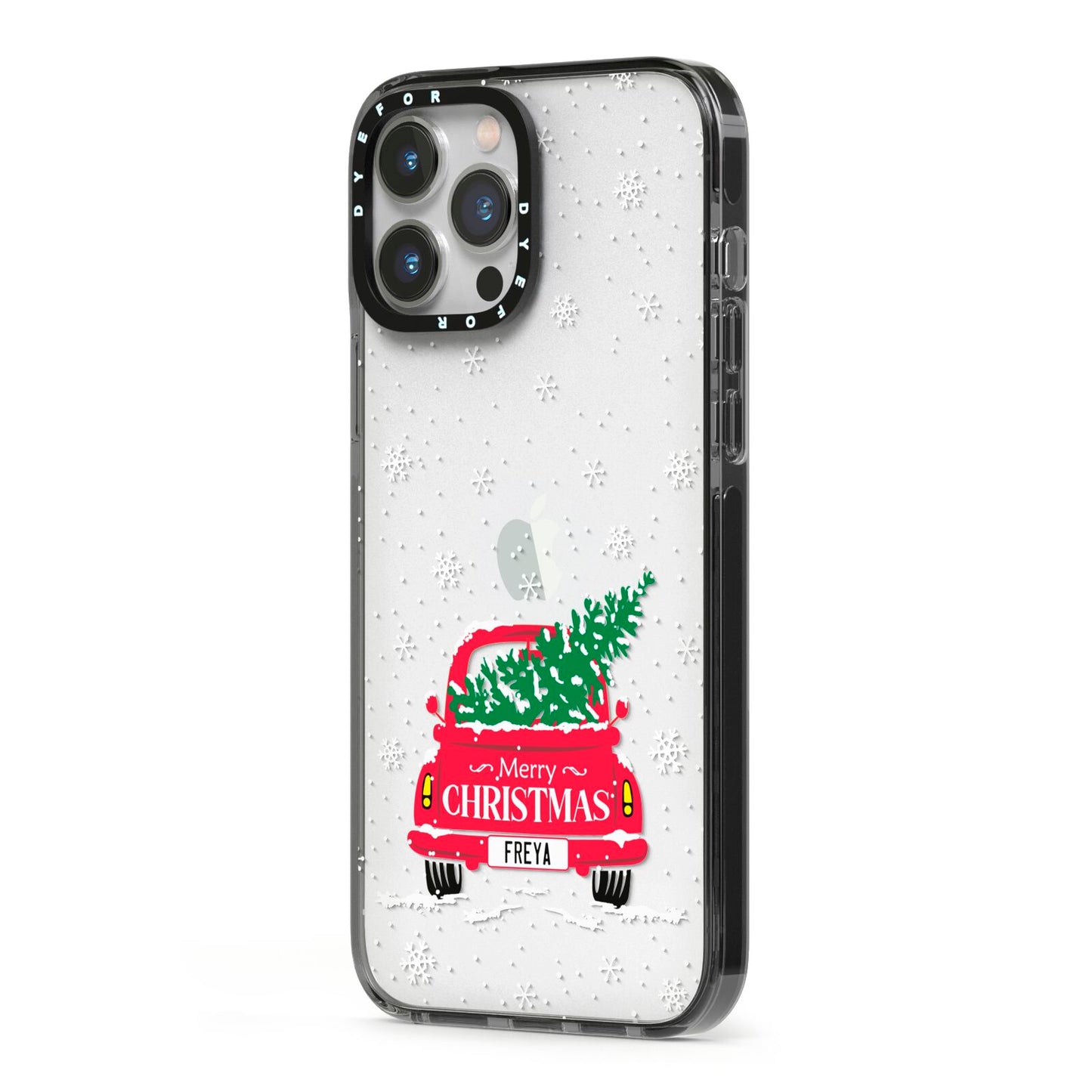 Personalised Driving Home For Christmas iPhone 13 Pro Max Black Impact Case Side Angle on Silver phone