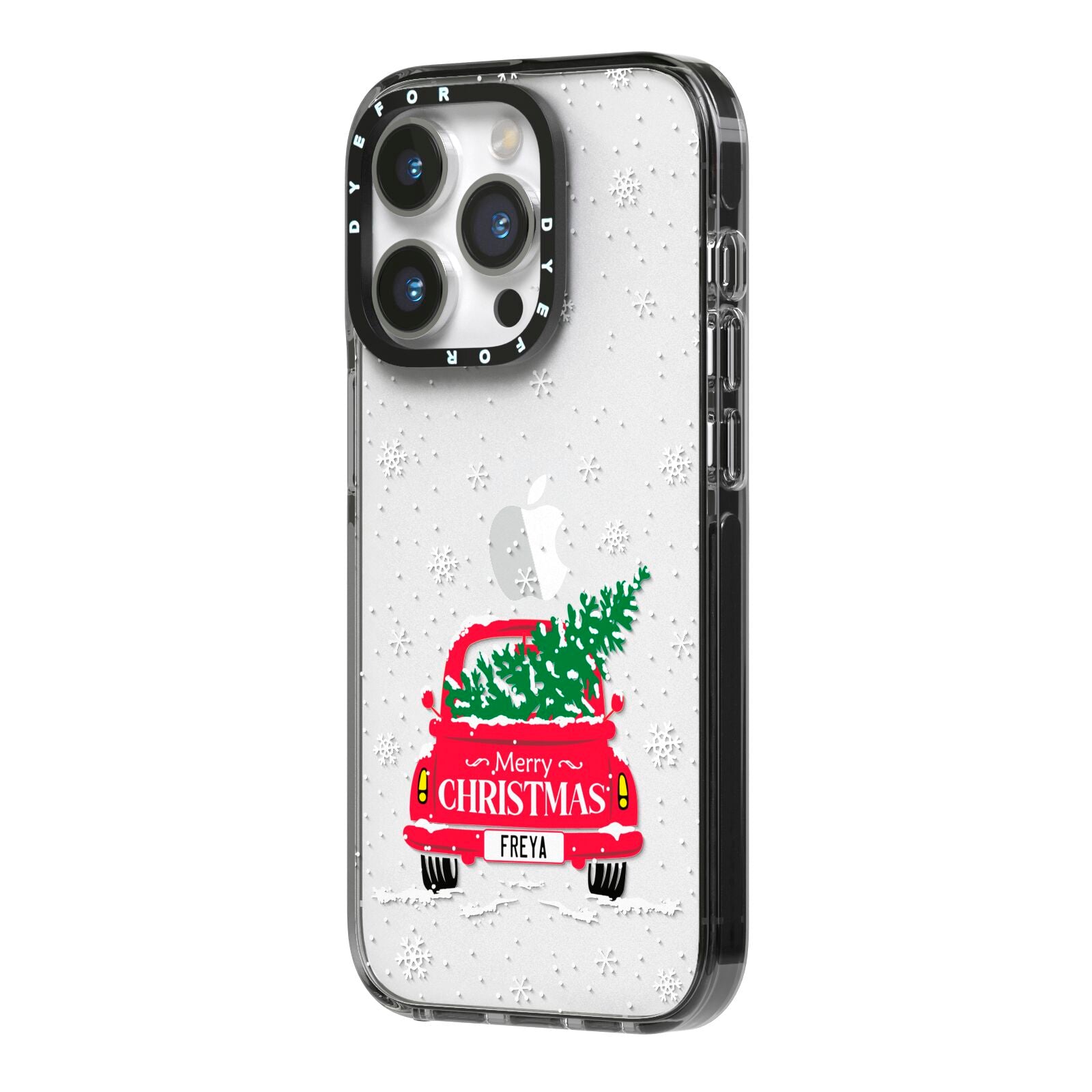 Personalised Driving Home For Christmas iPhone 14 Pro Black Impact Case Side Angle on Silver phone