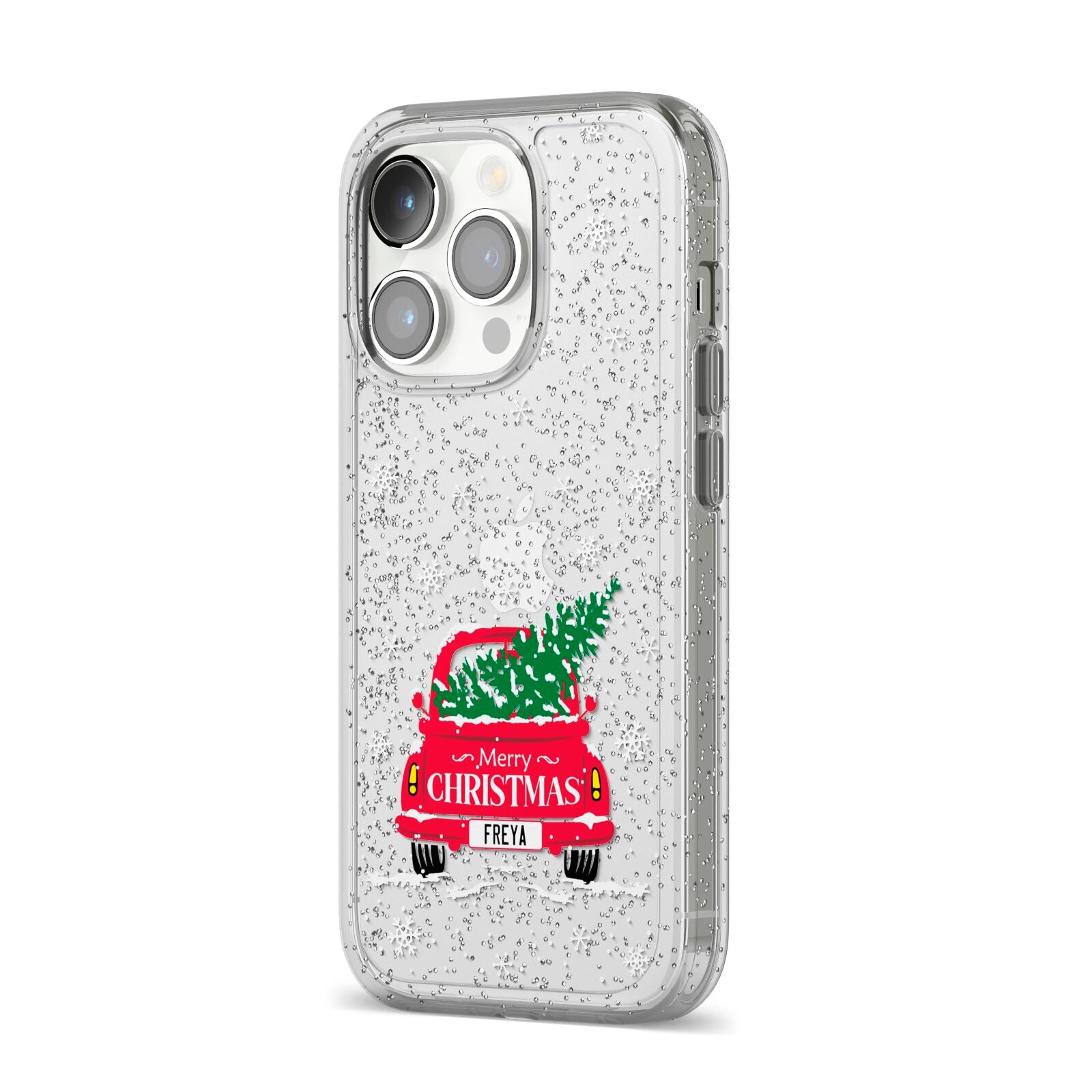 Personalised Driving Home For Christmas iPhone 14 Pro Glitter Tough Case Silver Angled Image
