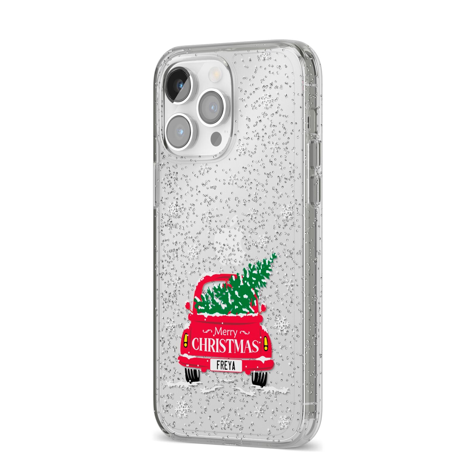 Personalised Driving Home For Christmas iPhone 14 Pro Max Glitter Tough Case Silver Angled Image