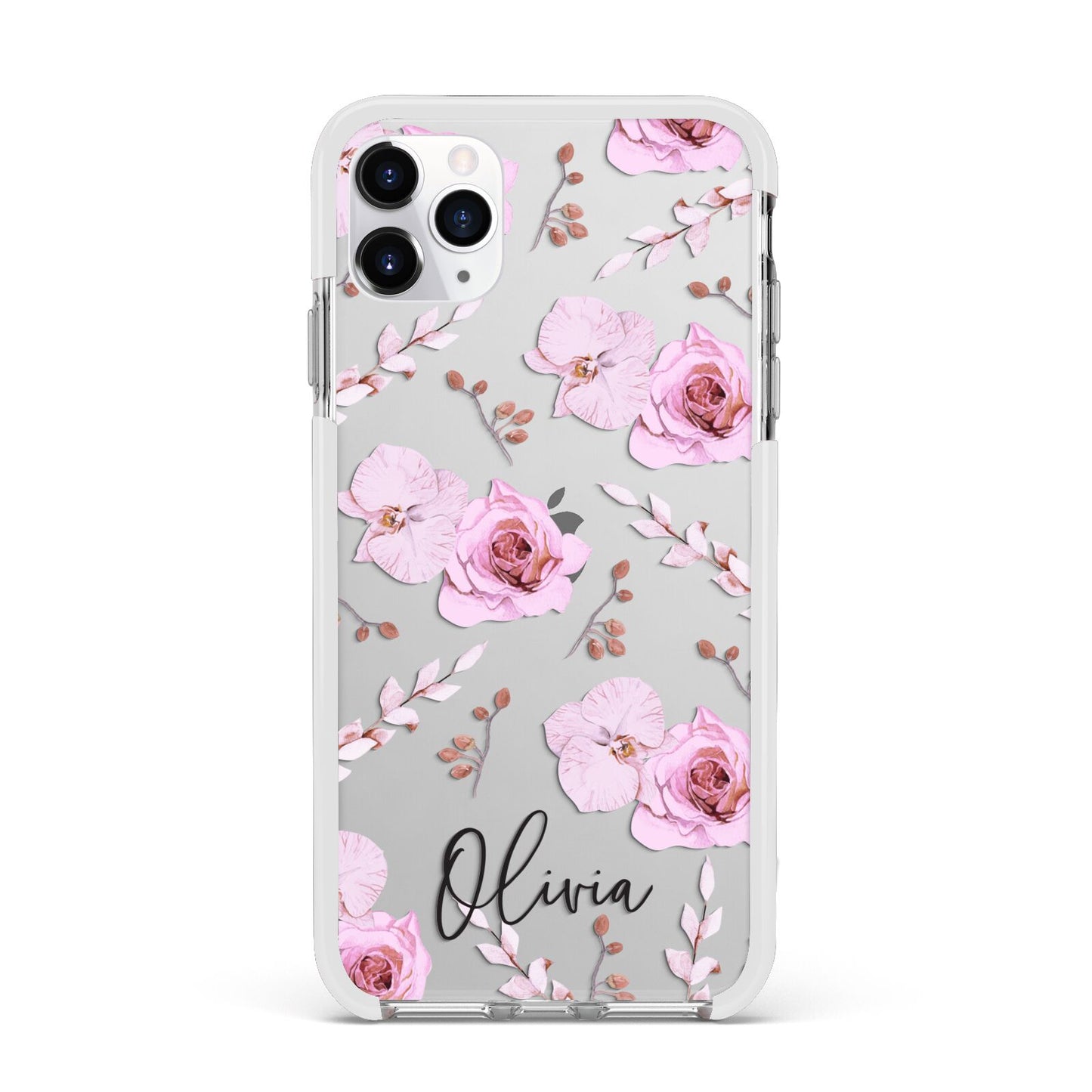 Personalised Dusty Pink Flowers Apple iPhone 11 Pro Max in Silver with White Impact Case