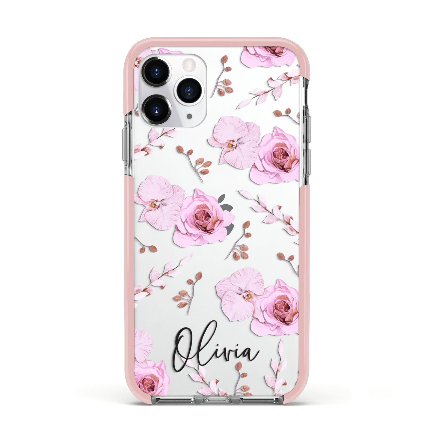 Personalised Dusty Pink Flowers Apple iPhone 11 Pro in Silver with Pink Impact Case