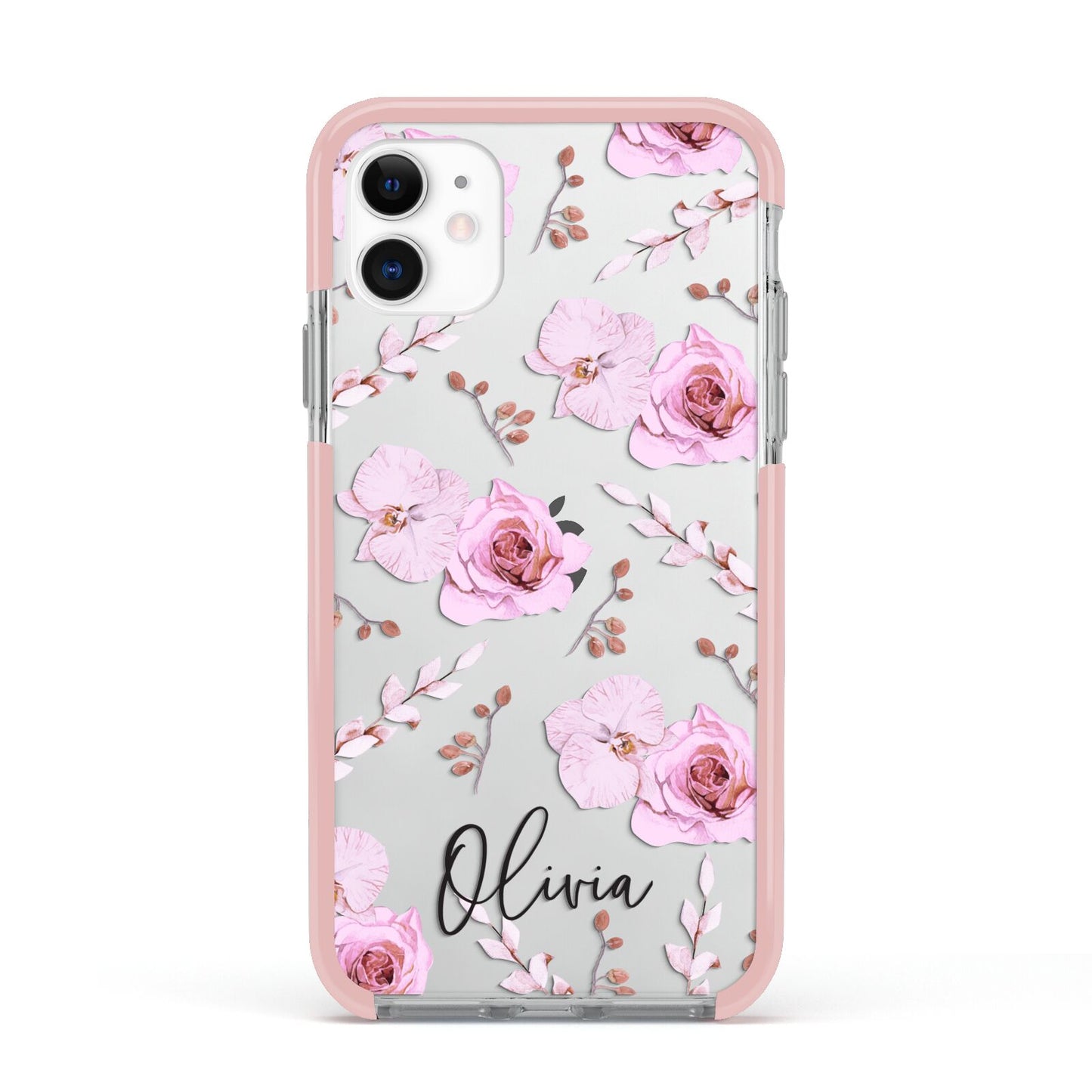 Personalised Dusty Pink Flowers Apple iPhone 11 in White with Pink Impact Case