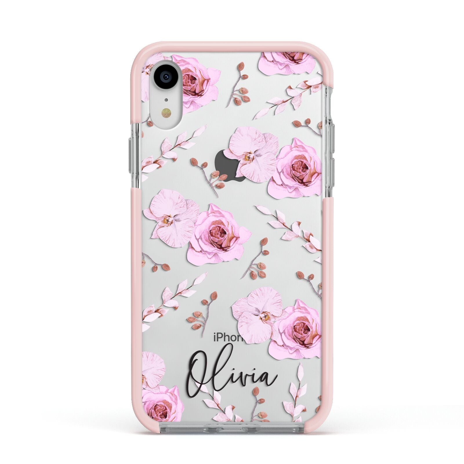 Personalised Dusty Pink Flowers Apple iPhone XR Impact Case Pink Edge on Silver Phone