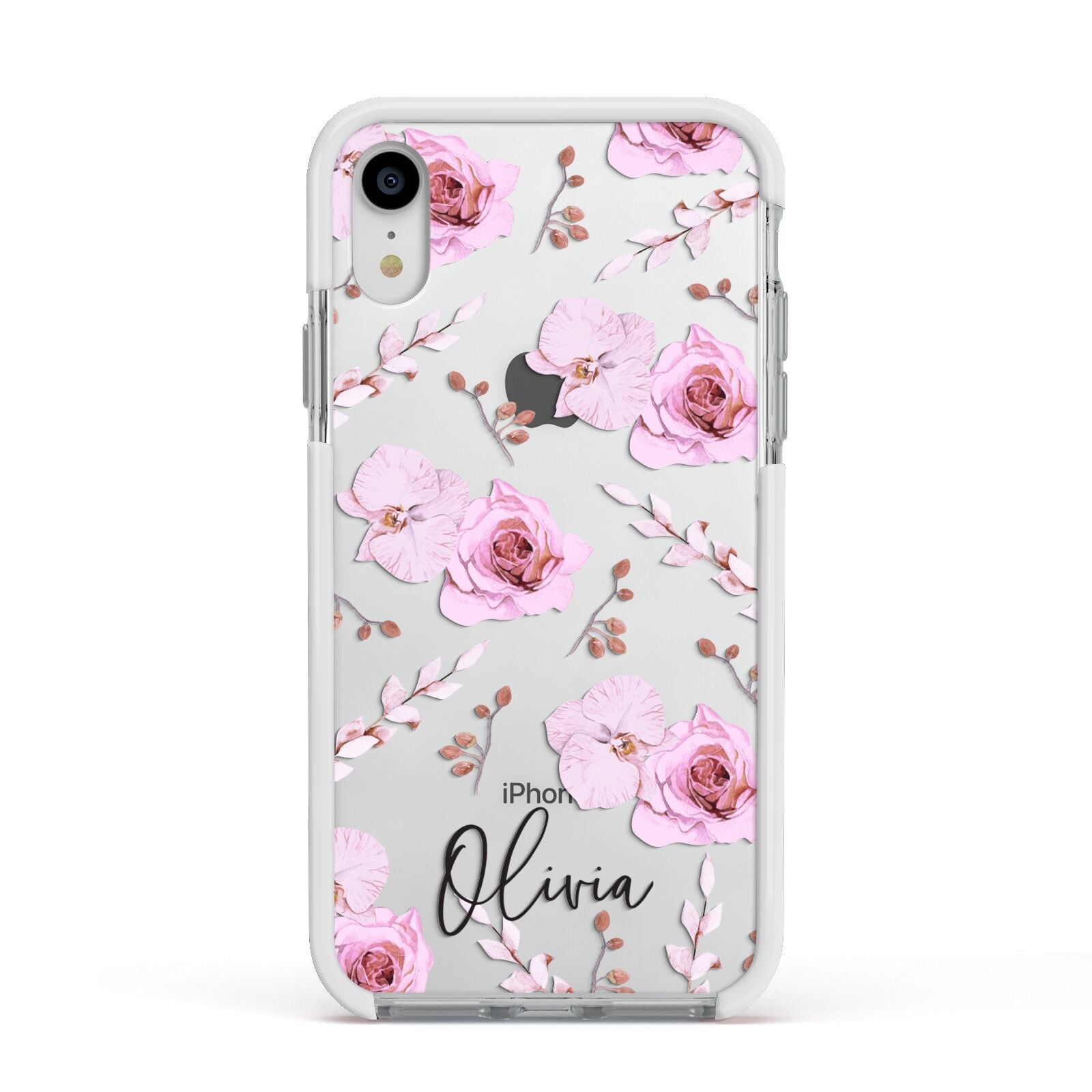 Personalised Dusty Pink Flowers Apple iPhone XR Impact Case White Edge on Silver Phone
