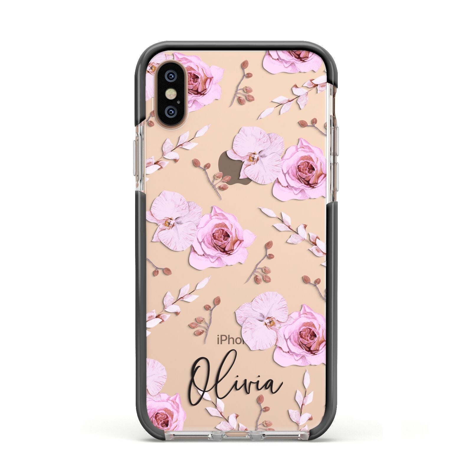 Personalised Dusty Pink Flowers Apple iPhone Xs Impact Case Black Edge on Gold Phone