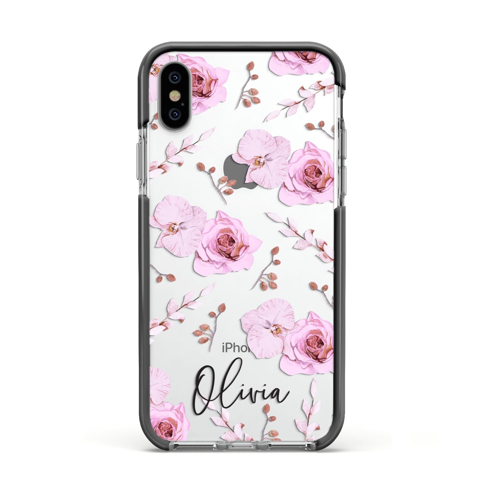 Personalised Dusty Pink Flowers Apple iPhone Xs Impact Case Black Edge on Silver Phone