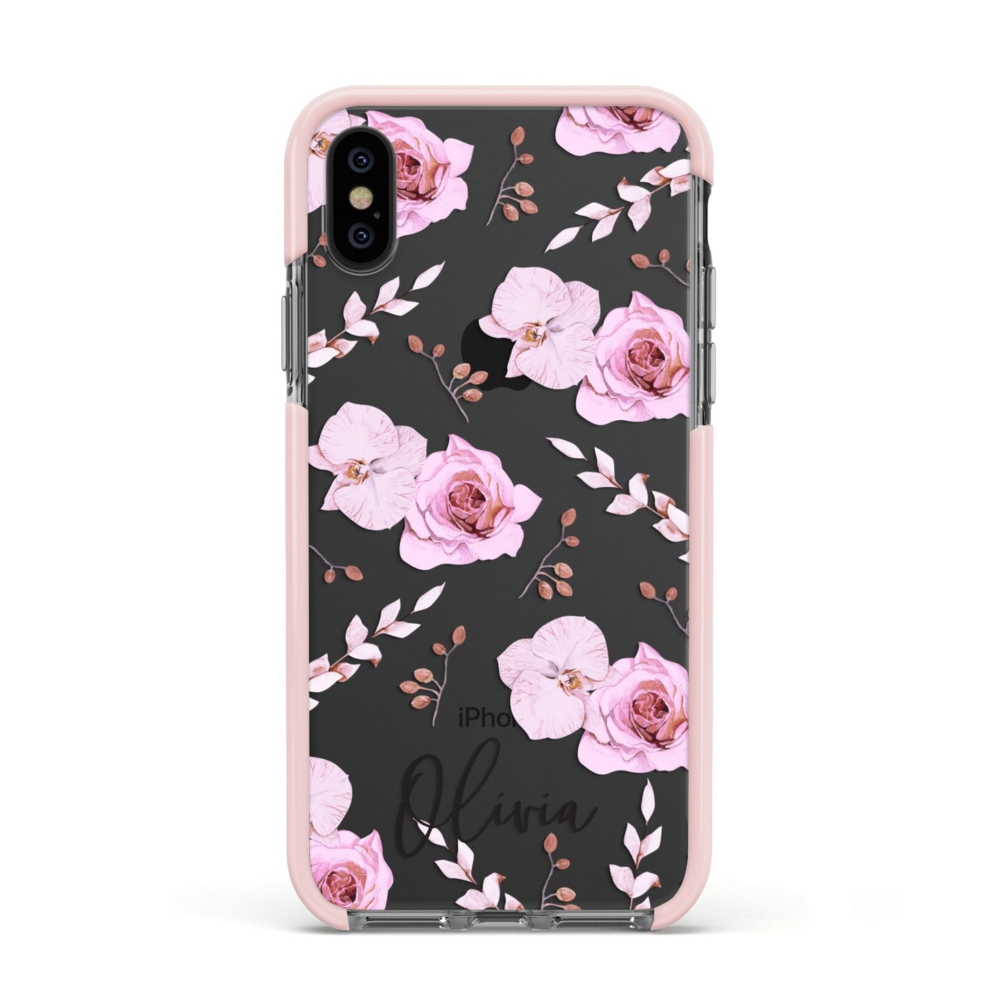 Personalised Dusty Pink Flowers Apple iPhone Xs Impact Case Pink Edge on Black Phone
