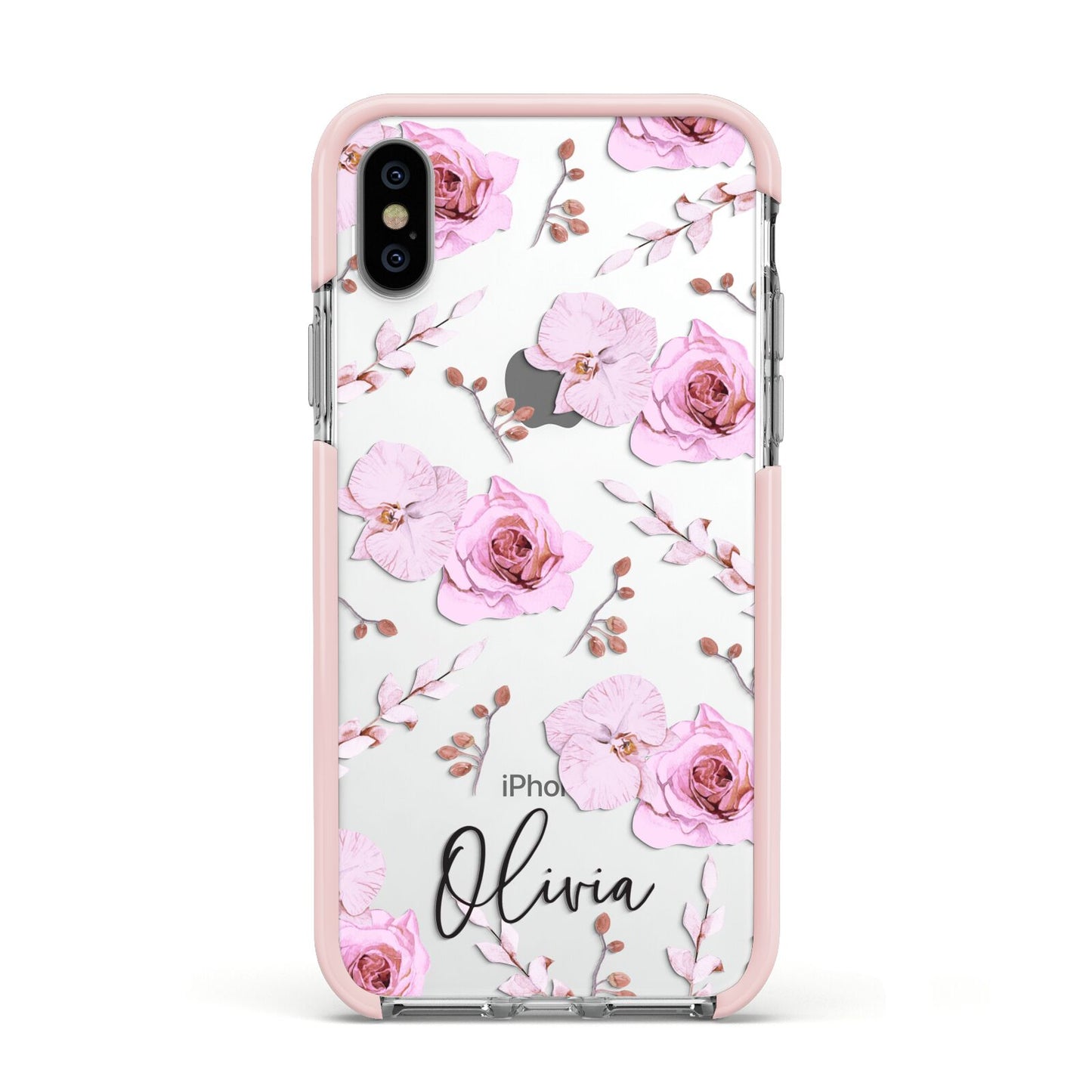 Personalised Dusty Pink Flowers Apple iPhone Xs Impact Case Pink Edge on Silver Phone