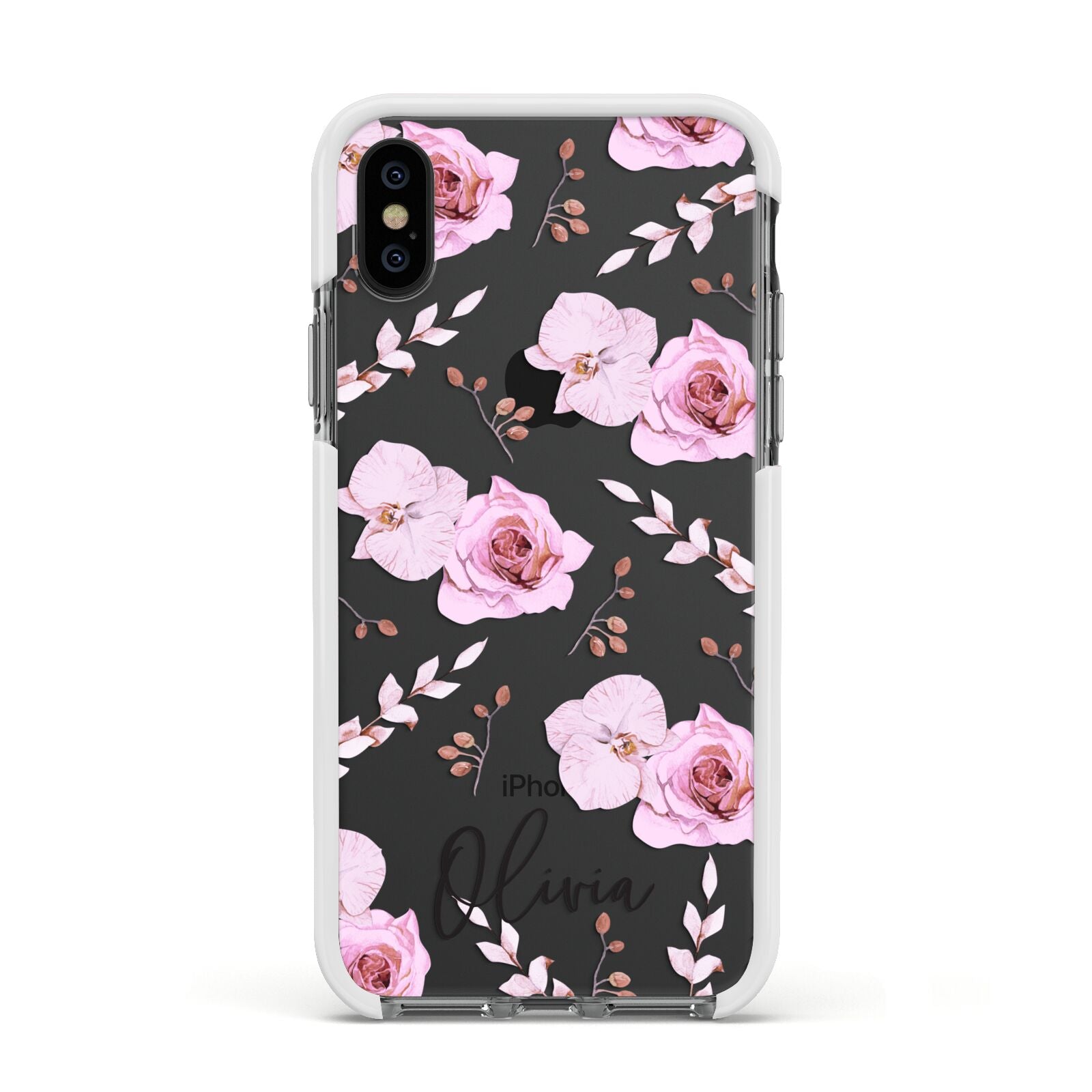 Personalised Dusty Pink Flowers Apple iPhone Xs Impact Case White Edge on Black Phone