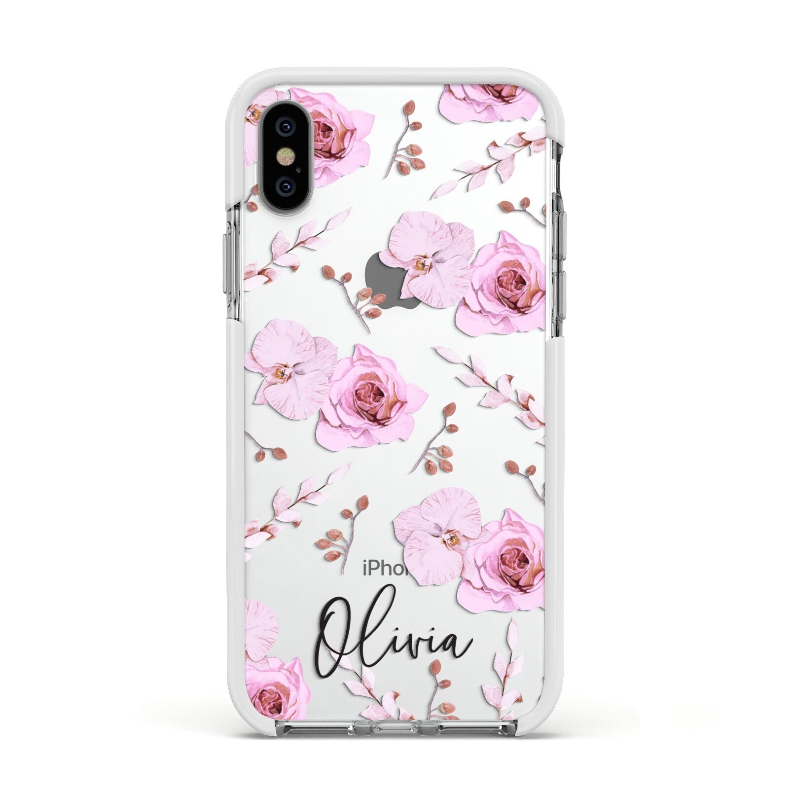 Personalised Dusty Pink Flowers Apple iPhone Xs Impact Case White Edge on Silver Phone