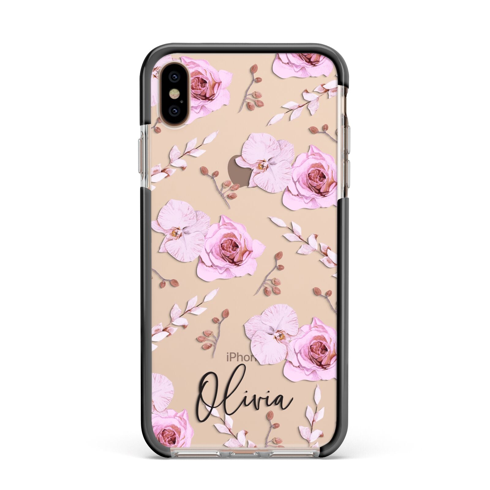 Personalised Dusty Pink Flowers Apple iPhone Xs Max Impact Case Black Edge on Gold Phone