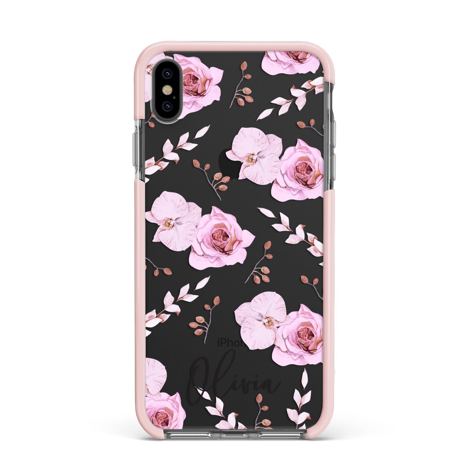Personalised Dusty Pink Flowers Apple iPhone Xs Max Impact Case Pink Edge on Black Phone