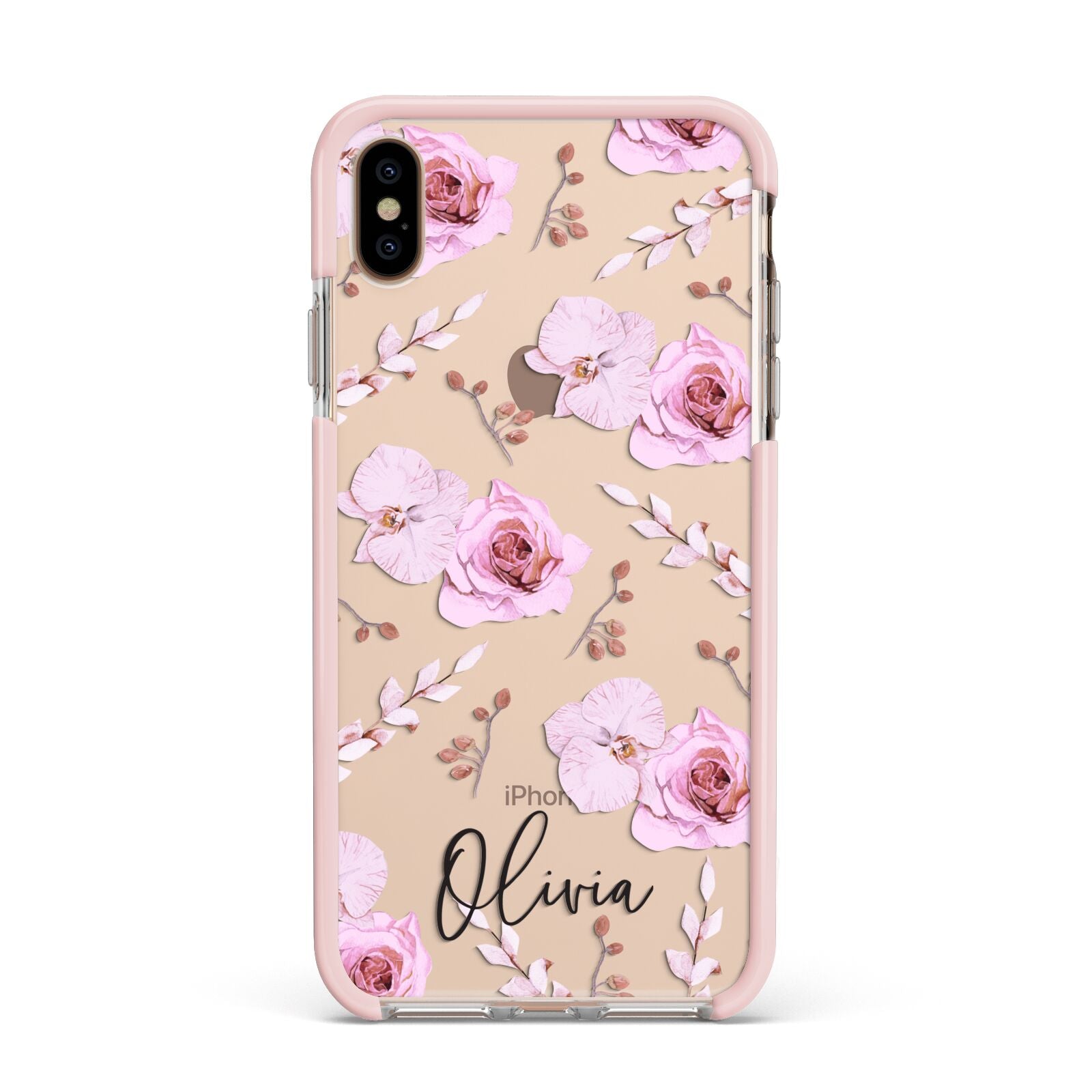 Personalised Dusty Pink Flowers Apple iPhone Xs Max Impact Case Pink Edge on Gold Phone