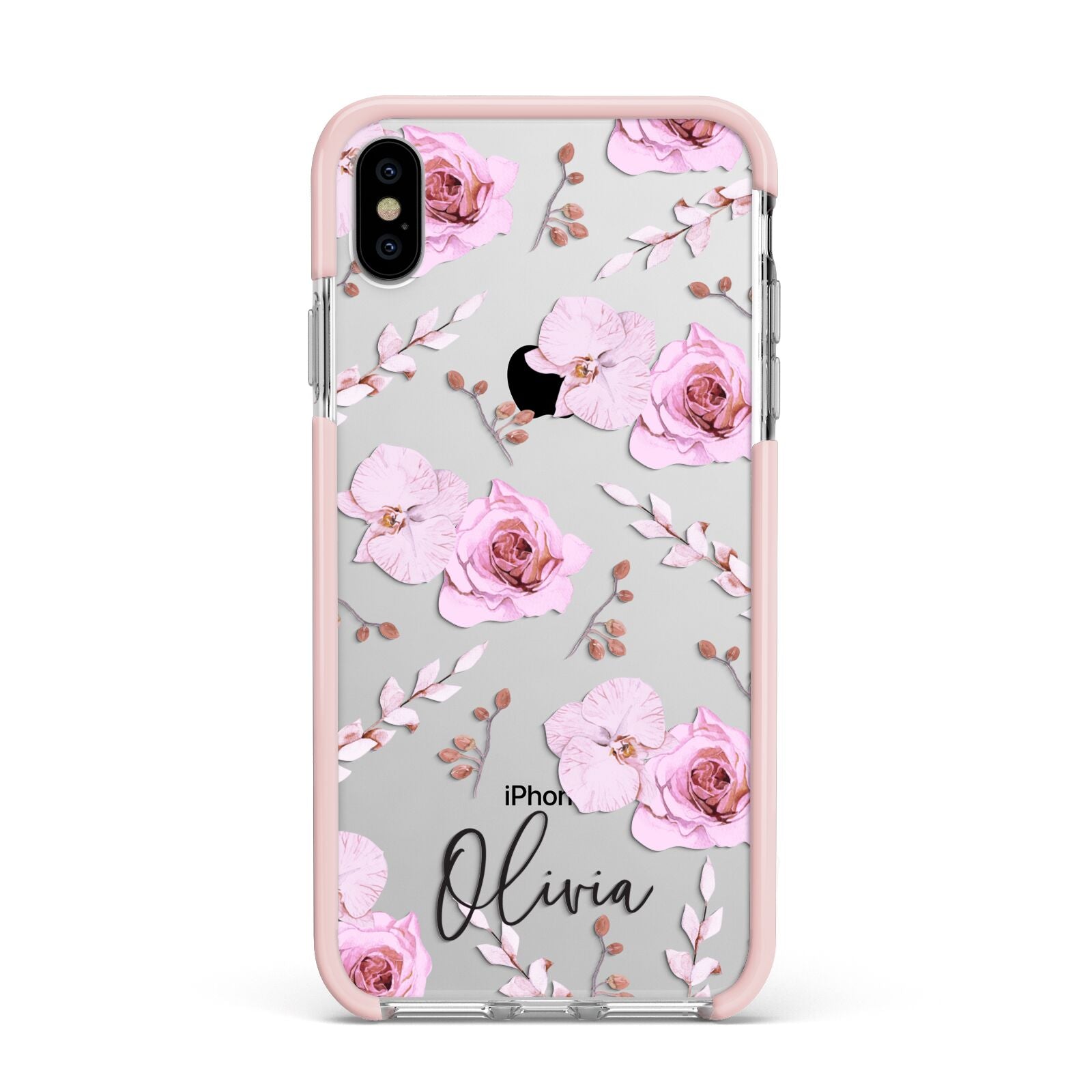 Personalised Dusty Pink Flowers Apple iPhone Xs Max Impact Case Pink Edge on Silver Phone