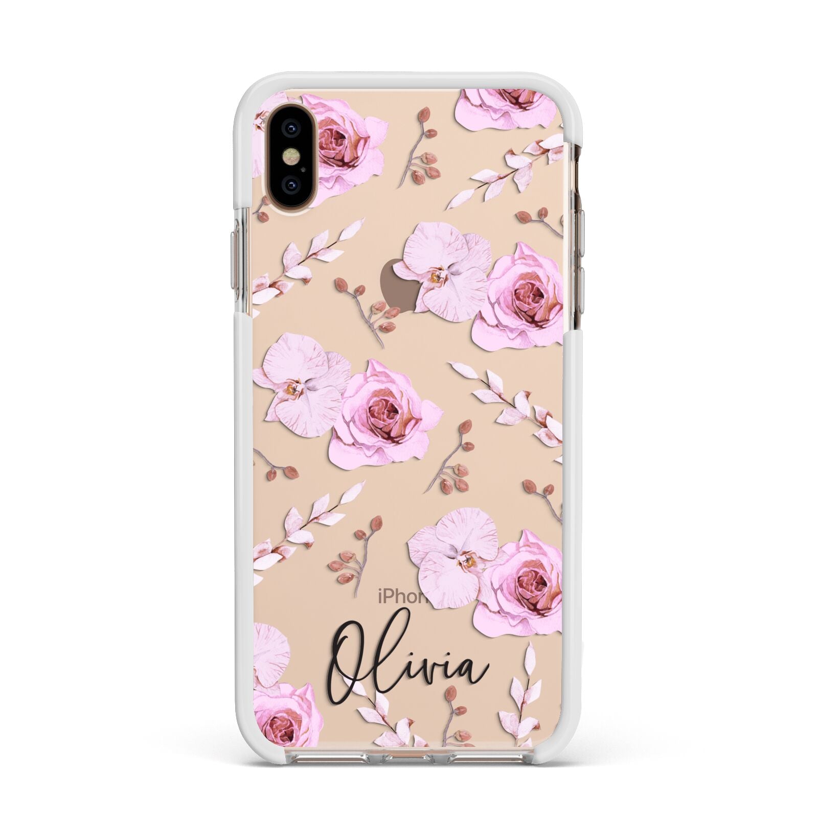 Personalised Dusty Pink Flowers Apple iPhone Xs Max Impact Case White Edge on Gold Phone