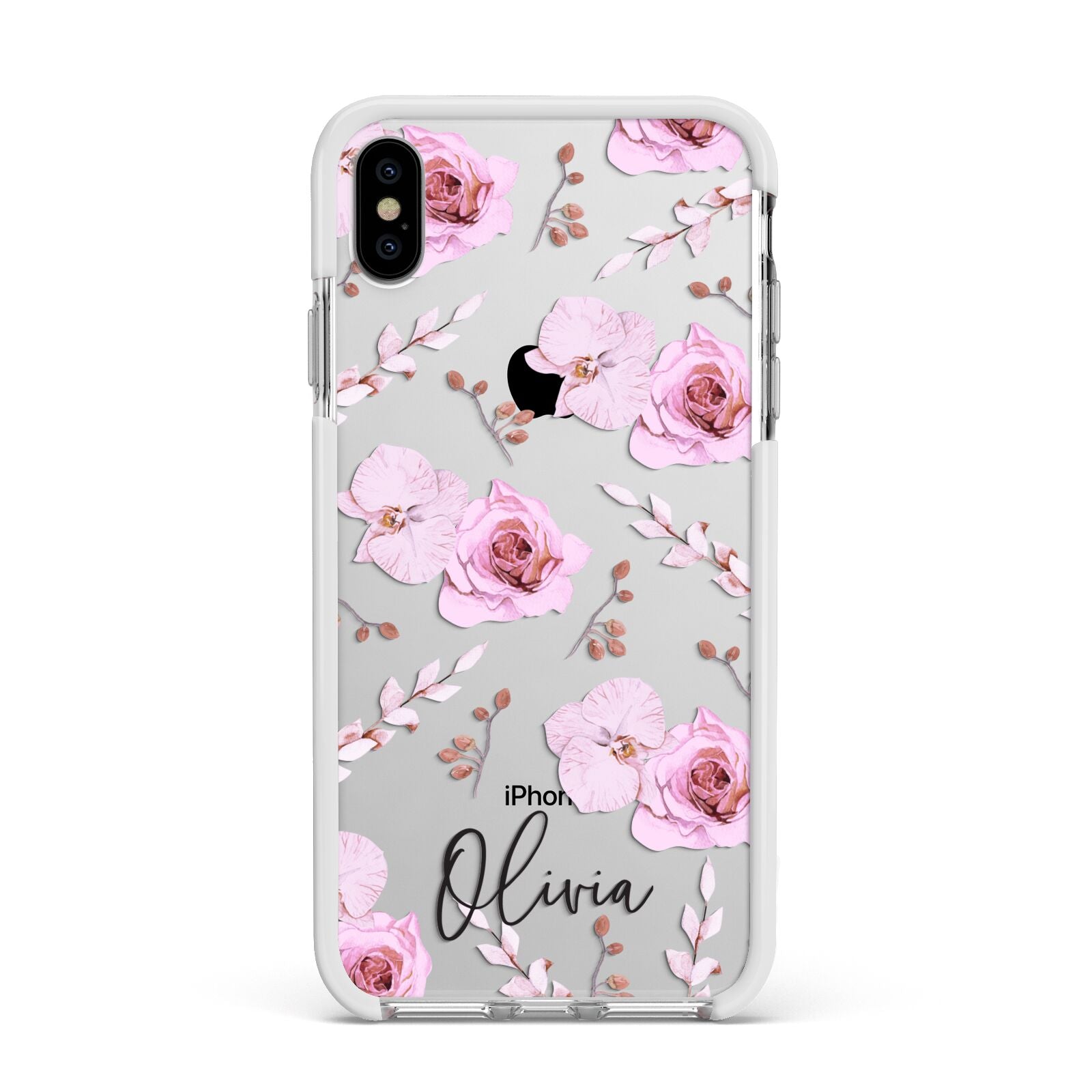 Personalised Dusty Pink Flowers Apple iPhone Xs Max Impact Case White Edge on Silver Phone
