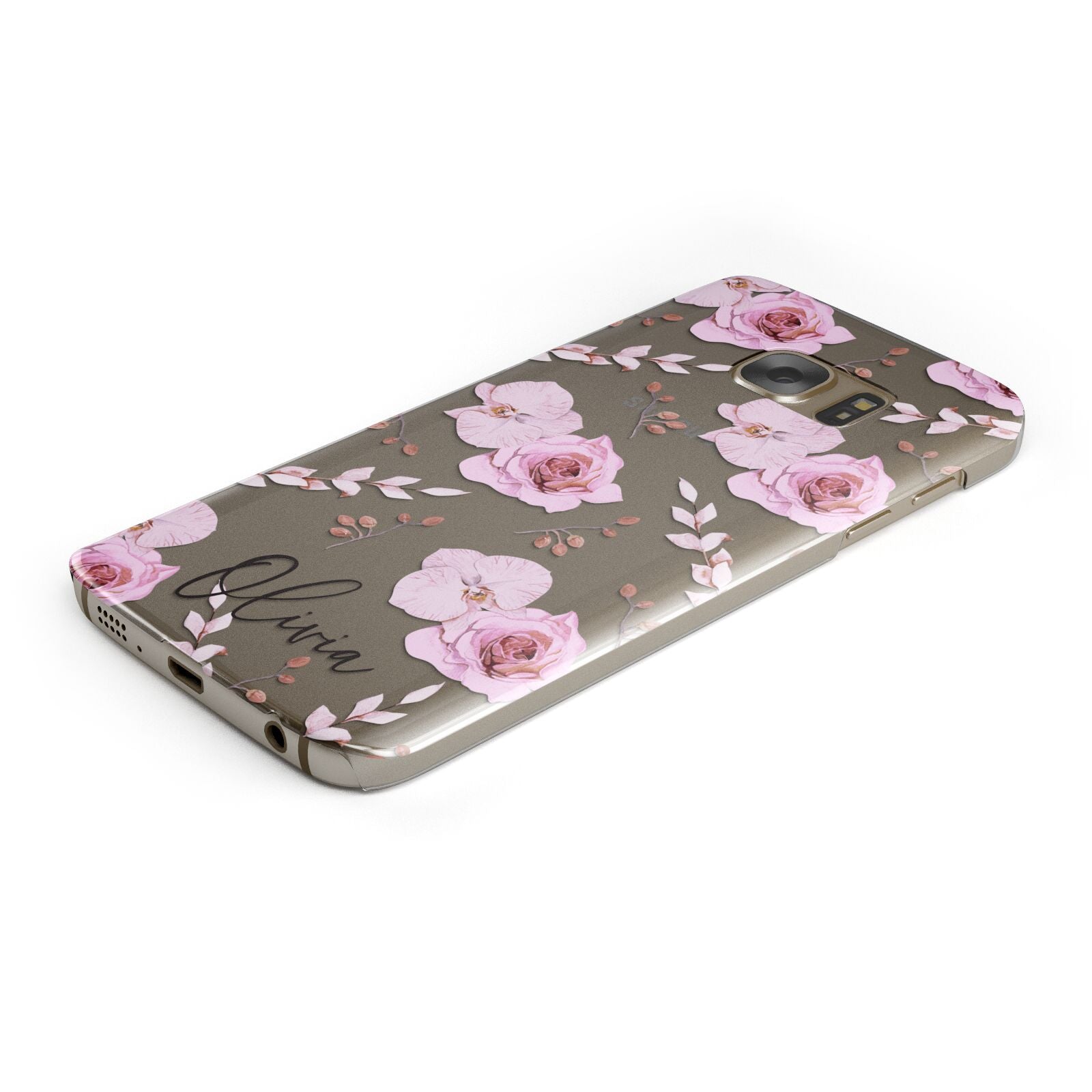 Personalised Dusty Pink Flowers Protective Samsung Galaxy Case Angled Image