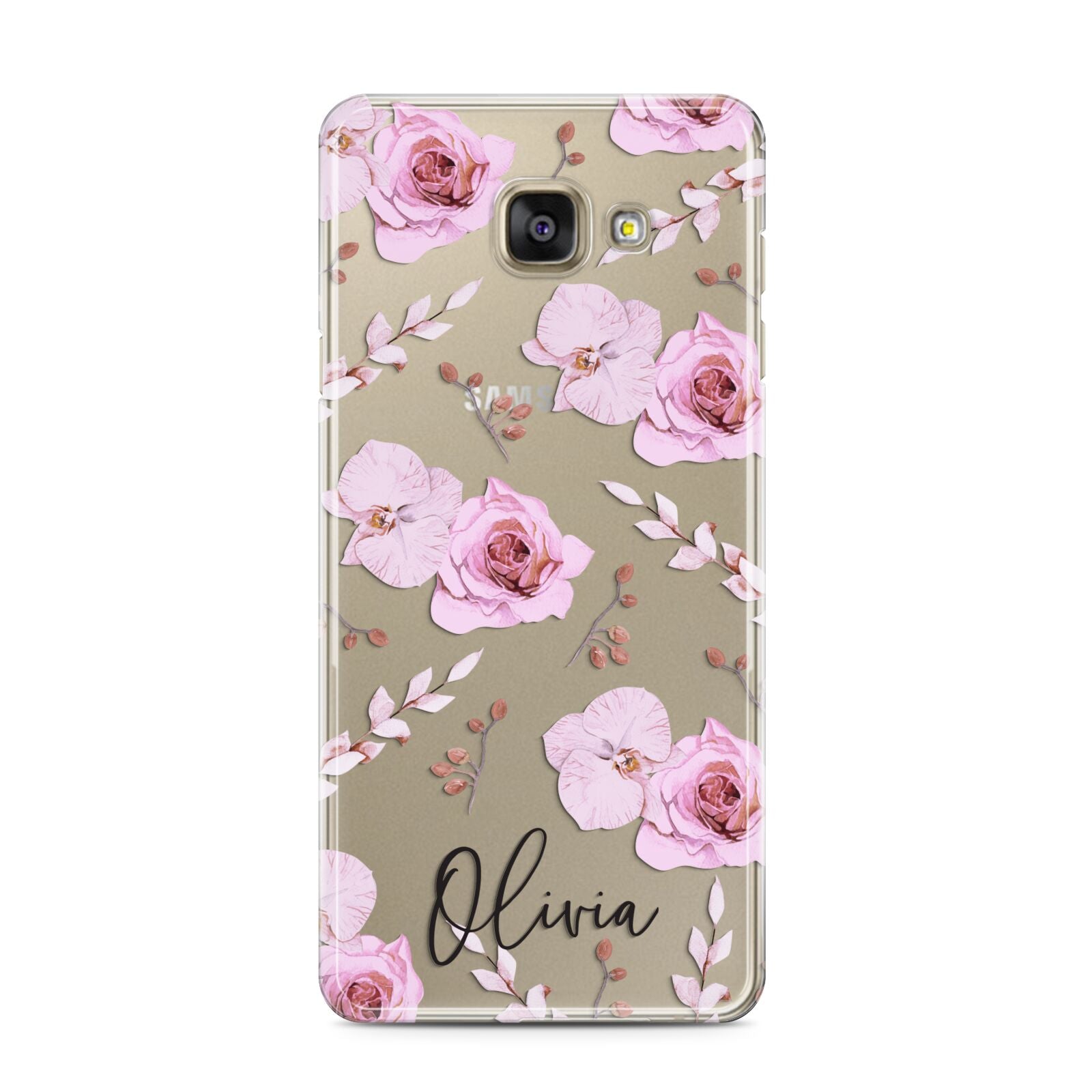 Personalised Dusty Pink Flowers Samsung Galaxy A3 2016 Case on gold phone