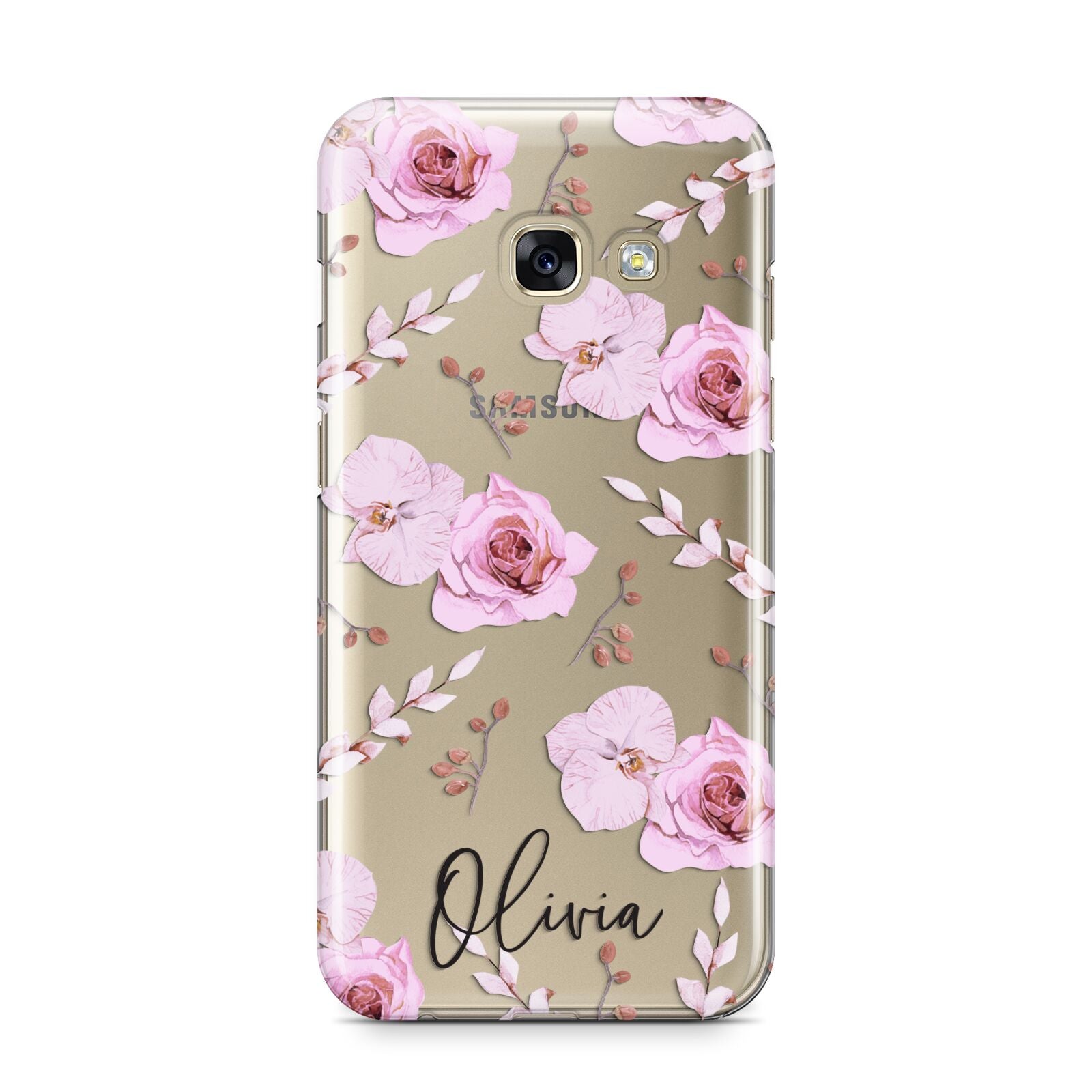 Personalised Dusty Pink Flowers Samsung Galaxy A3 2017 Case on gold phone