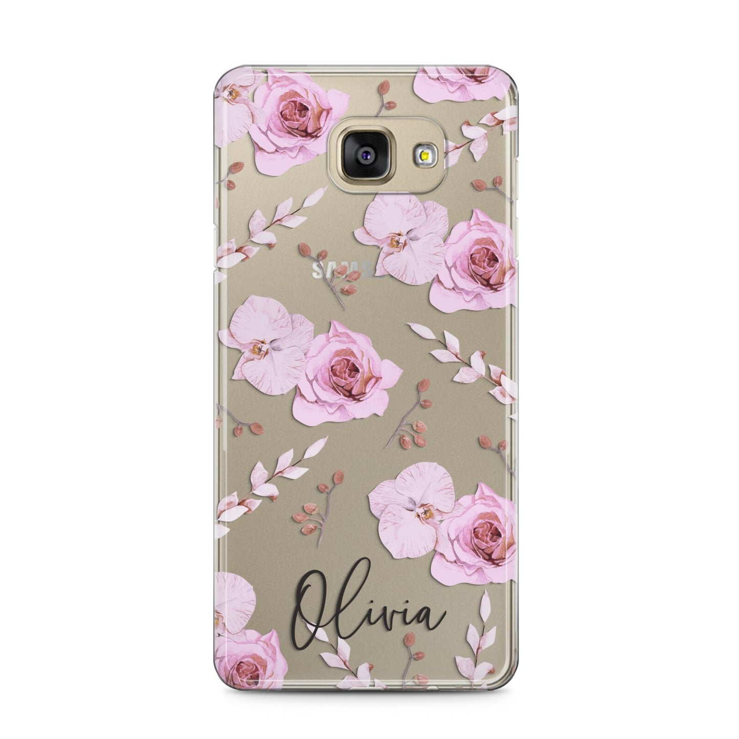 Personalised Dusty Pink Flowers Samsung Galaxy A5 2016 Case on gold phone