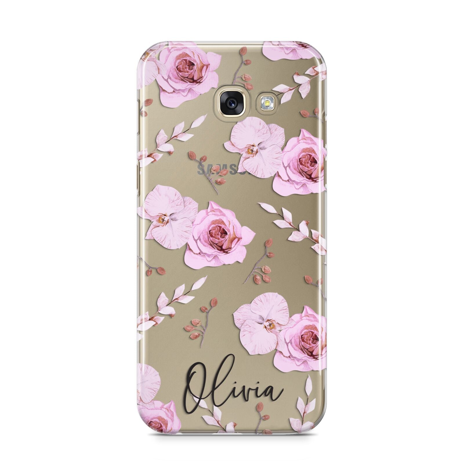 Personalised Dusty Pink Flowers Samsung Galaxy A5 2017 Case on gold phone